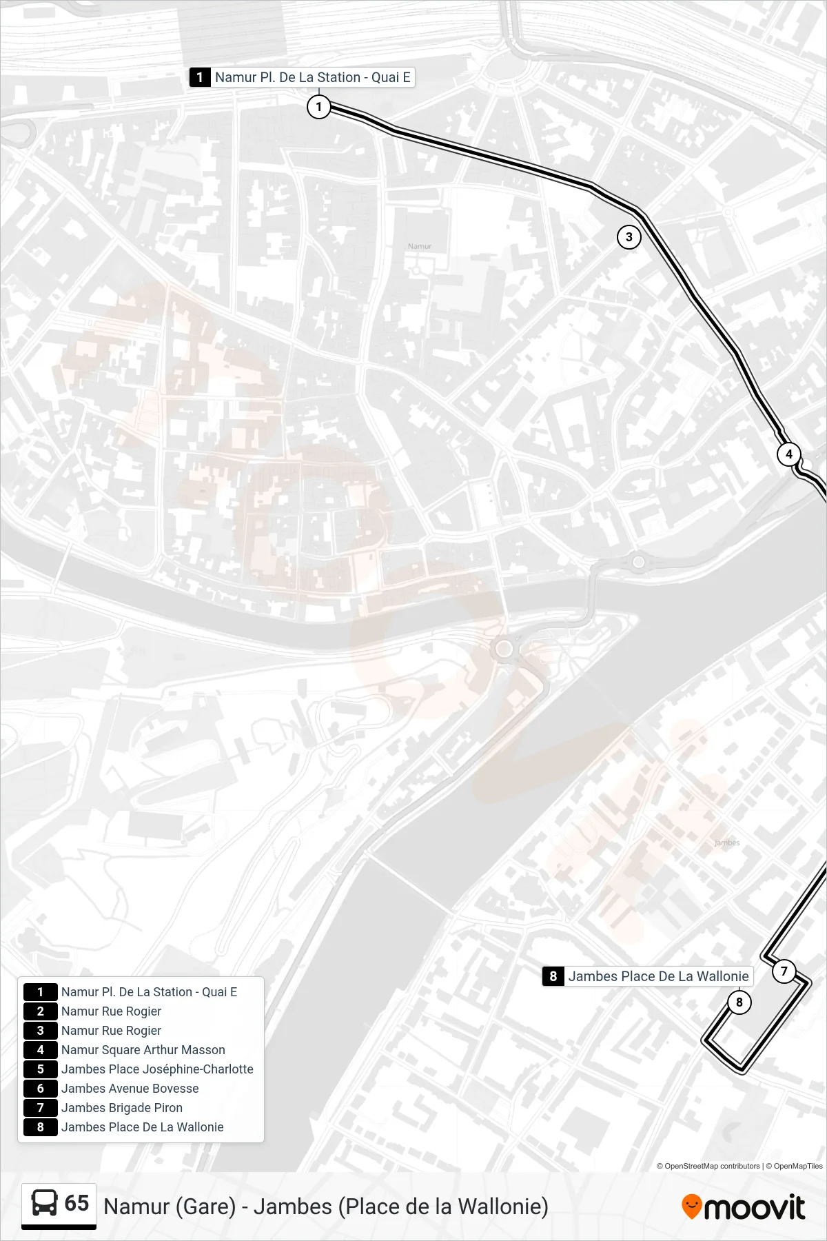 65 bus Line (Namur Station Square - Platform E→Jambes Wallonia Square) route and stops on a map