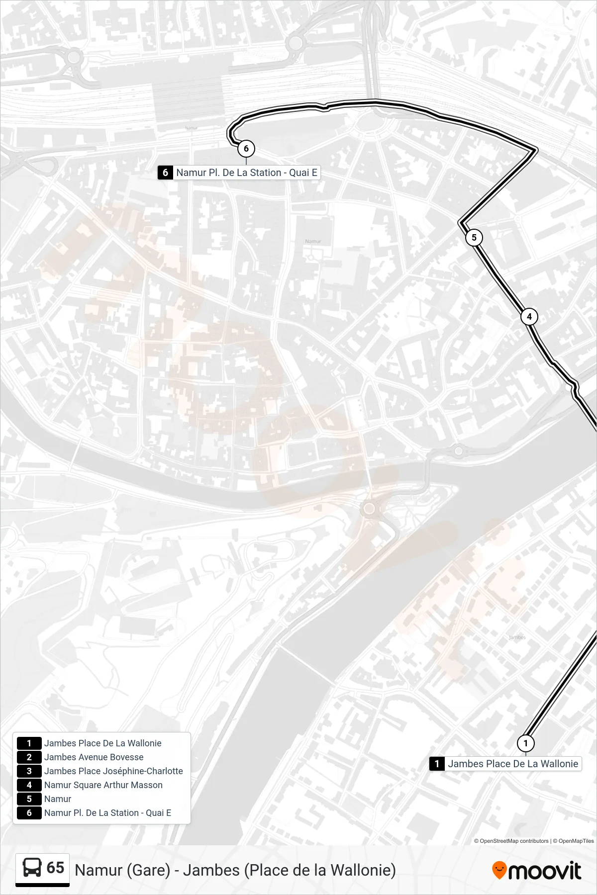 Lijn 65 (bus, Jambes Place De La Wallonie‎→Namur Pl. De La Station - Quai E): route en haltes op de kaart