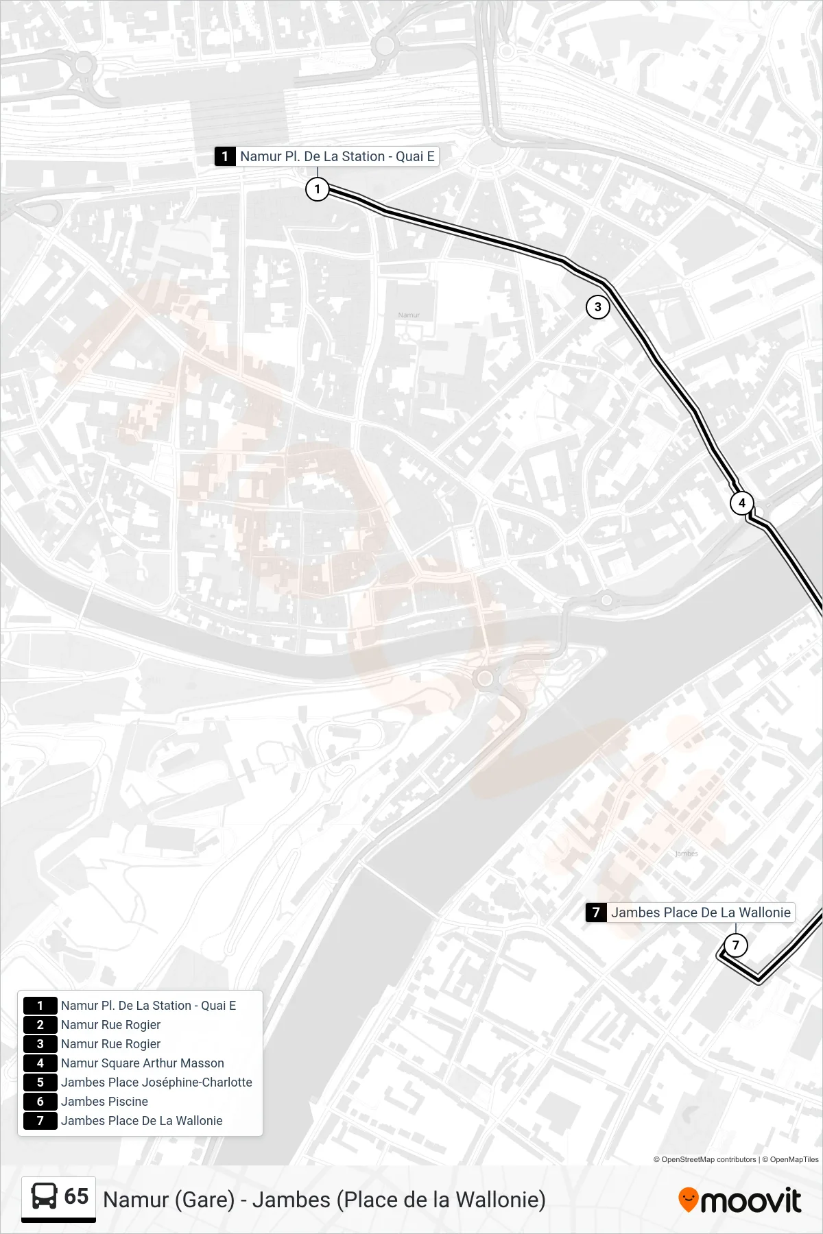 65 bus Line (Namur Station Square - Platform E→Jambes Wallonia Square) route and stops on a map