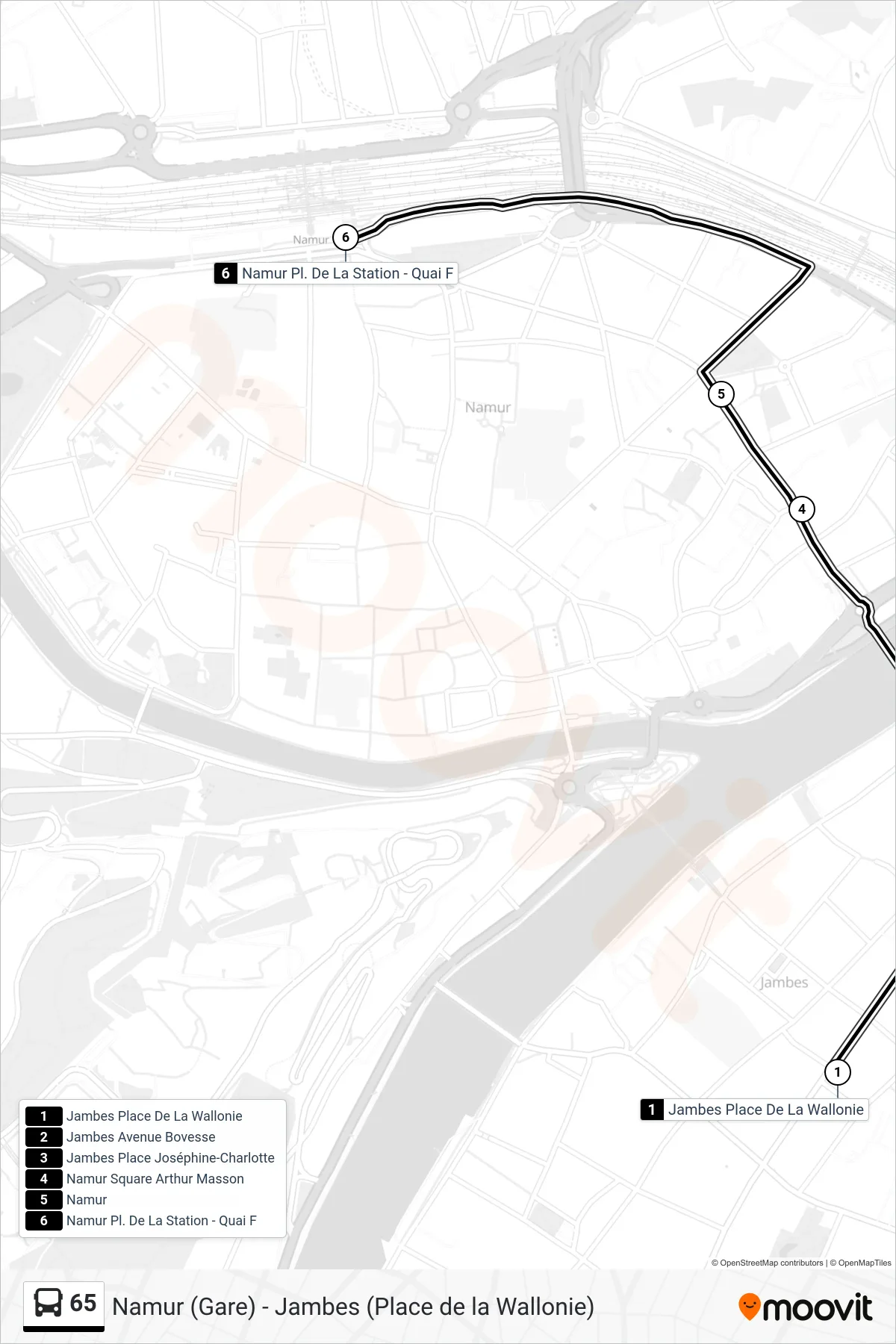 Lijn 65 (bus, Jambes Place De La Wallonie→Namur Pl. De La Station - Quai F): route en haltes op de kaart