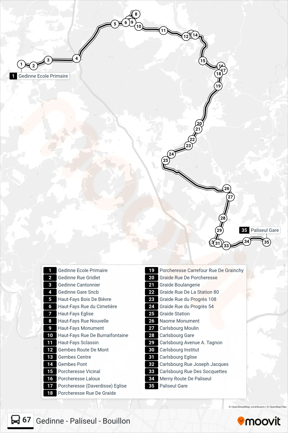 Lijn 67 (bus, Gedinne Ecole Primaire‎→Paliseul Gare): route en haltes op de kaart