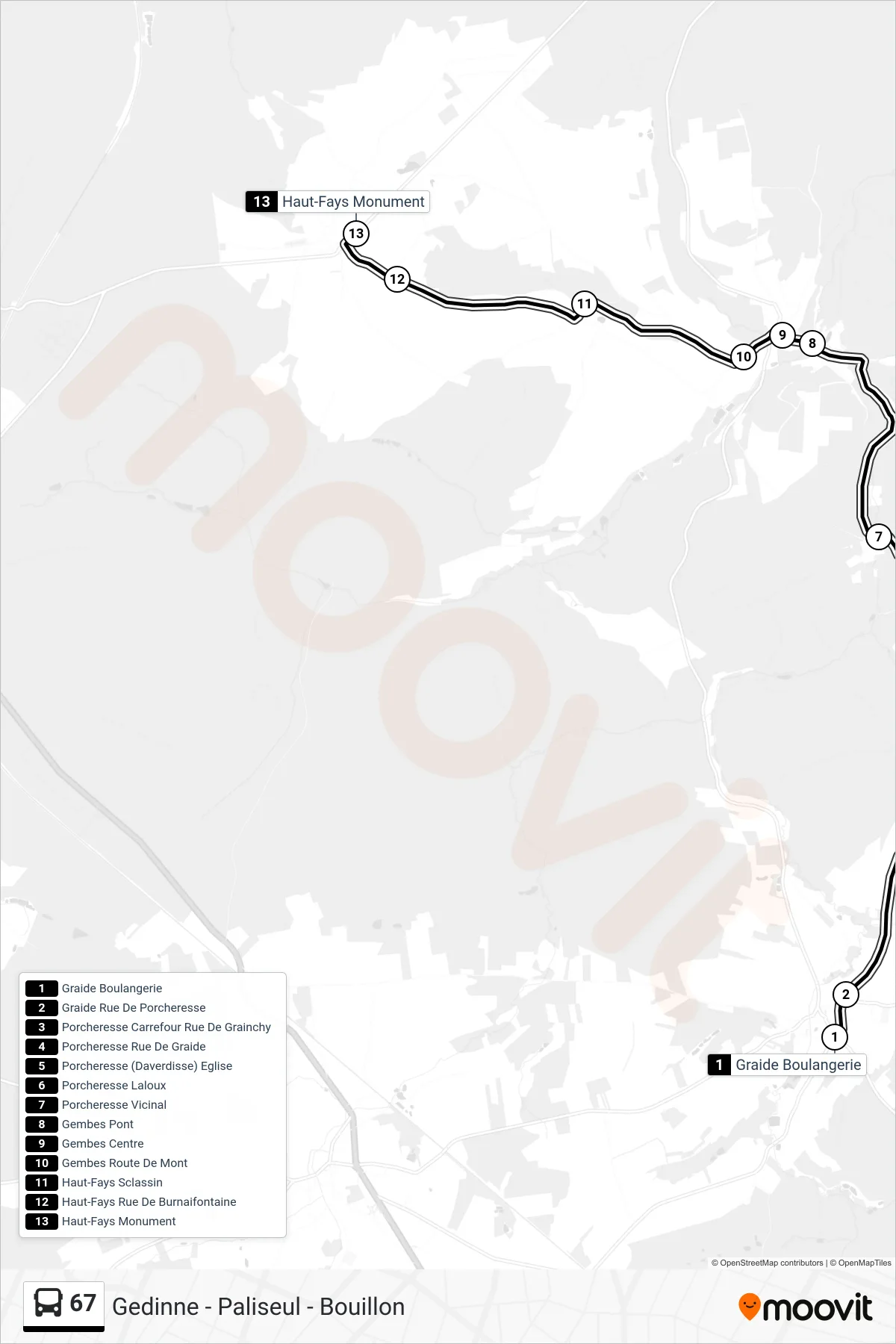 67 bus Line (Graide Bakery→Haut-Fays Monument) route and stops on a map