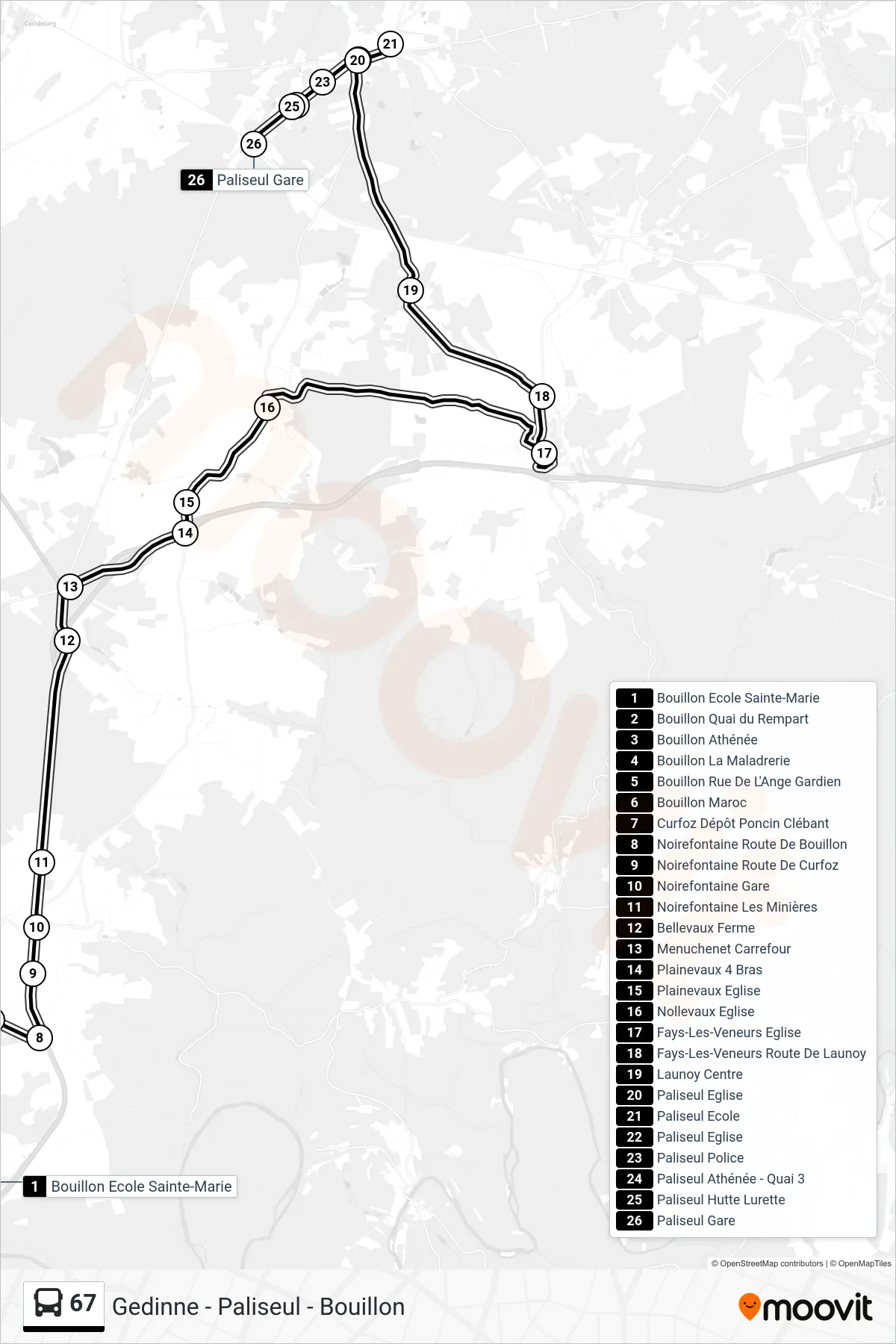 Lijn 67 (bus, Bouillon Ecole Sainte-Marie‎→Paliseul Gare): route en haltes op de kaart
