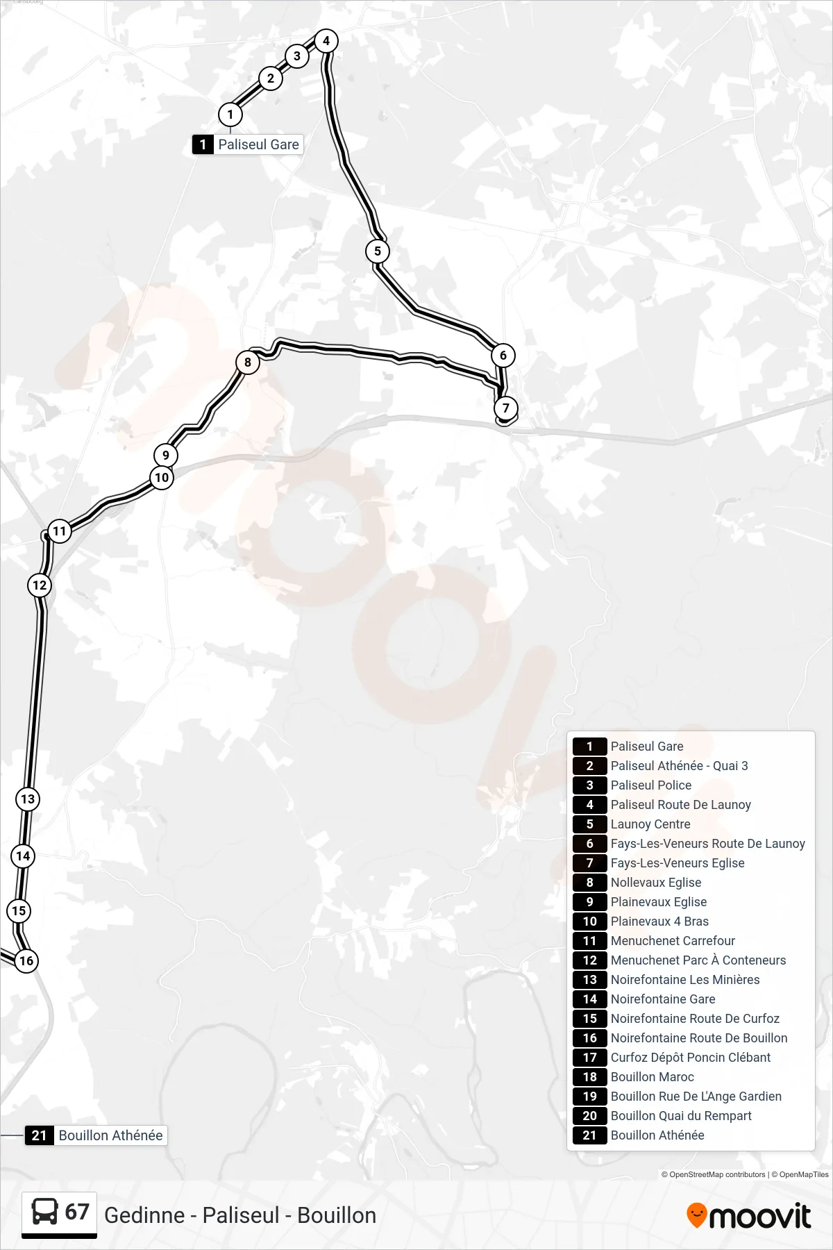 67 bus Line (Paliseul Station→Bouillon Athenaeum) route and stops on a map
