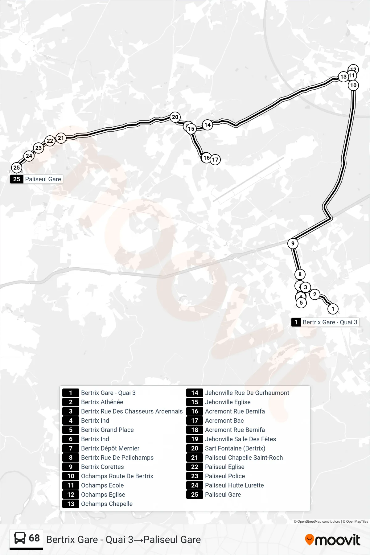 Lijn 68 (bus, Bertrix Gare - Quai 3→Paliseul Gare): route en haltes op de kaart