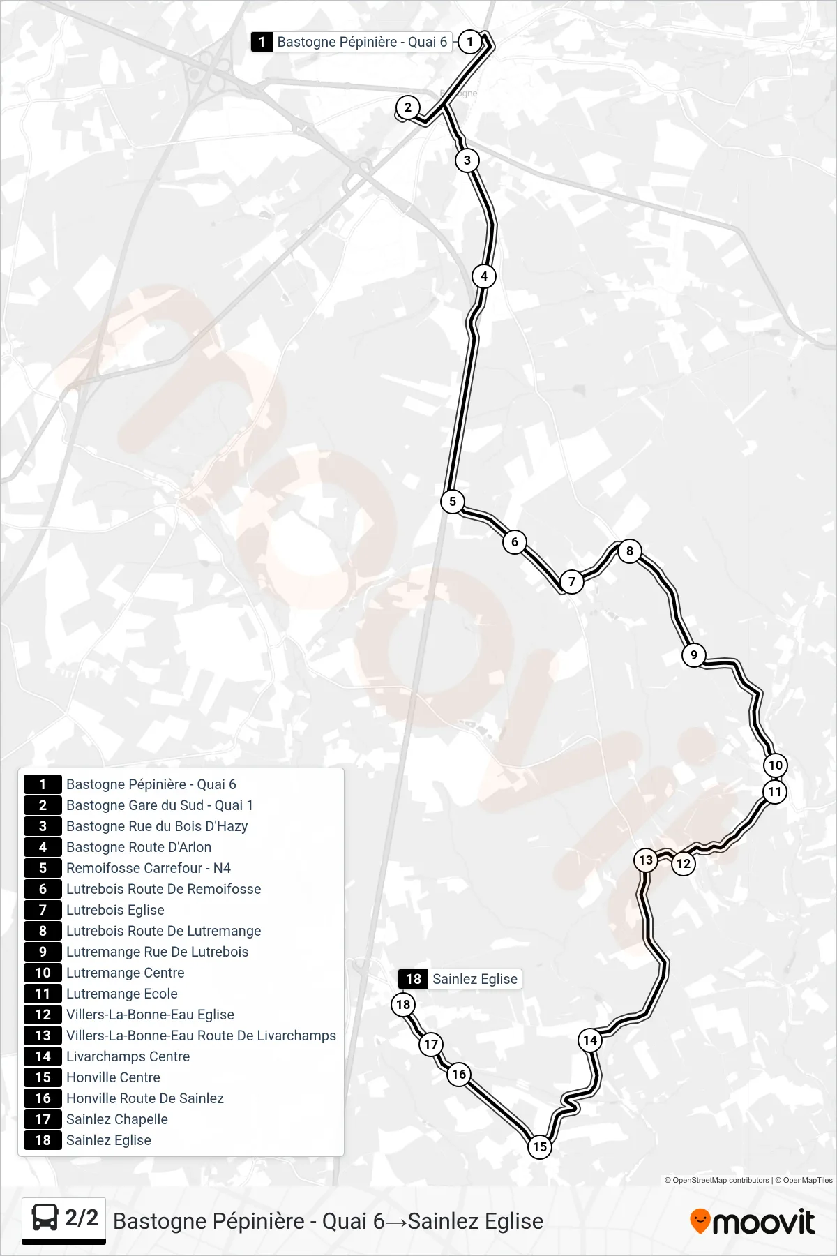 Lijn 2/2 (bus, Bastogne Pépinière - Quai 6→Sainlez Eglise): route en haltes op de kaart