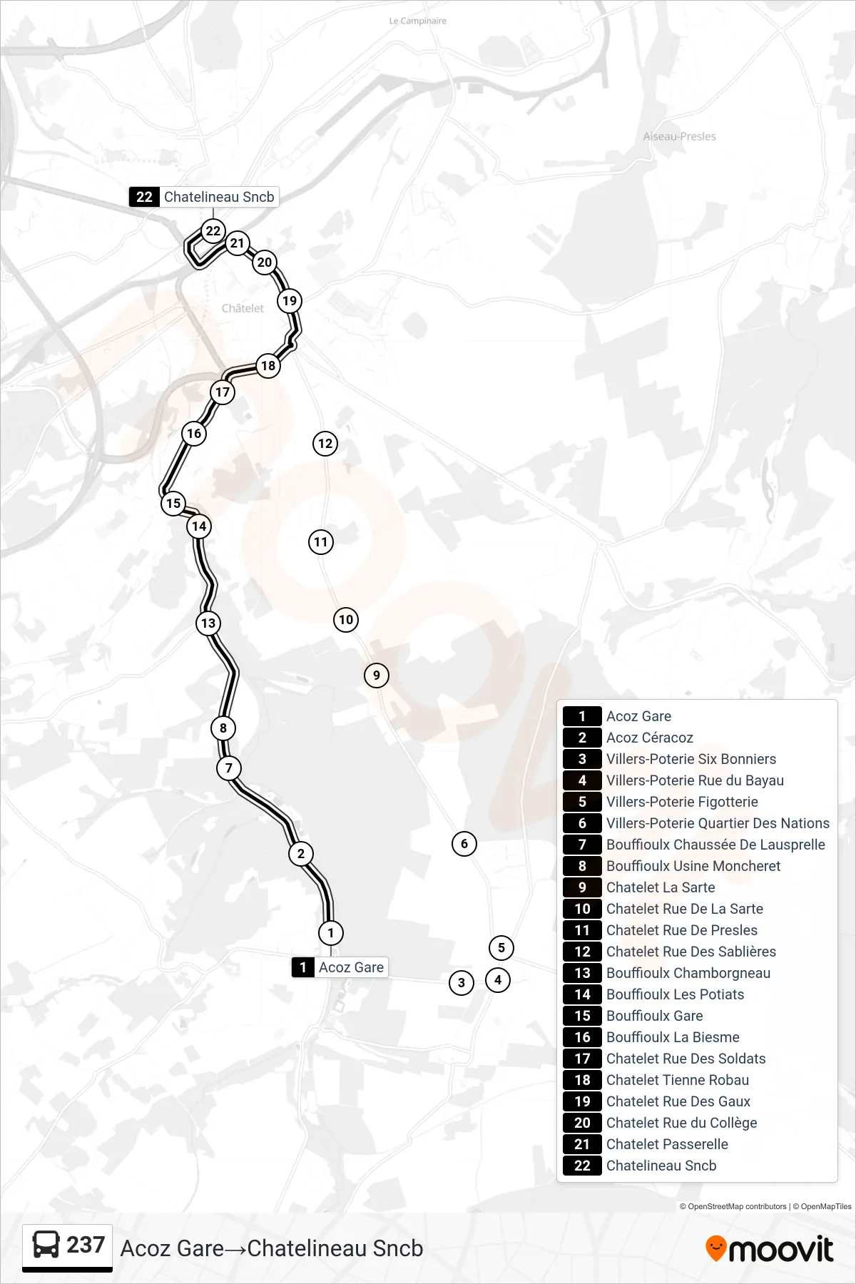 237 bus Line (Acoz Station→Chatelineau SNCB) route and stops on a map