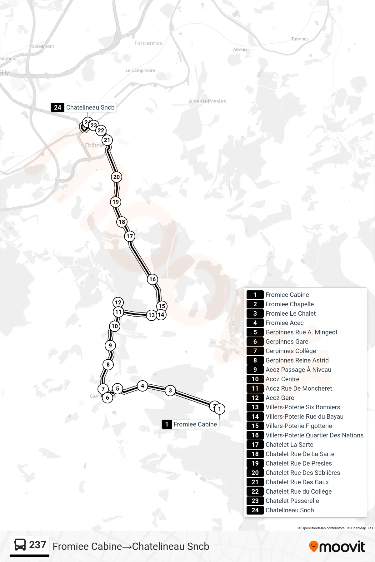 Lijn 237 (bus, Fromiee Cabine→Chatelineau Sncb): route en haltes op de kaart