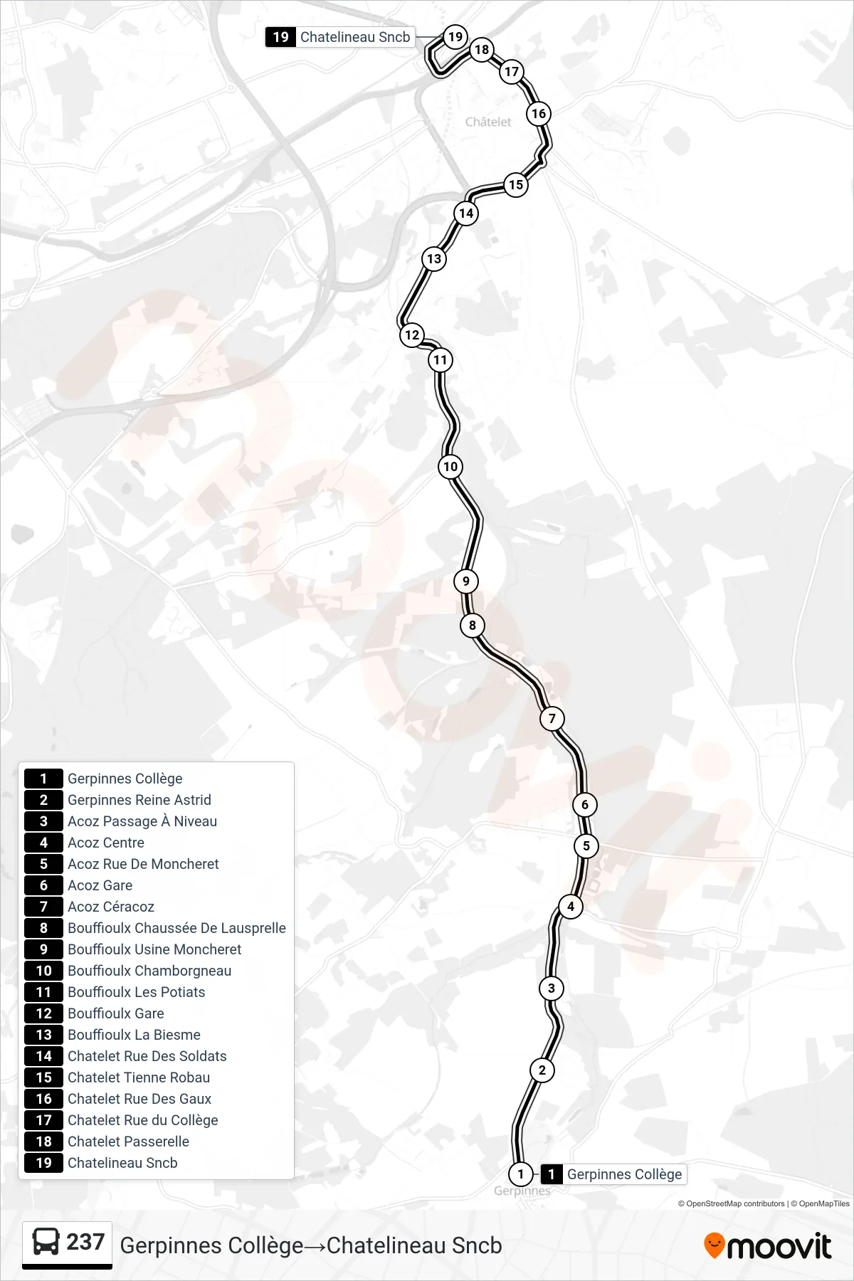 237 bus Line (Gerpinnes College→Chatelineau SNCB) route and stops on a map