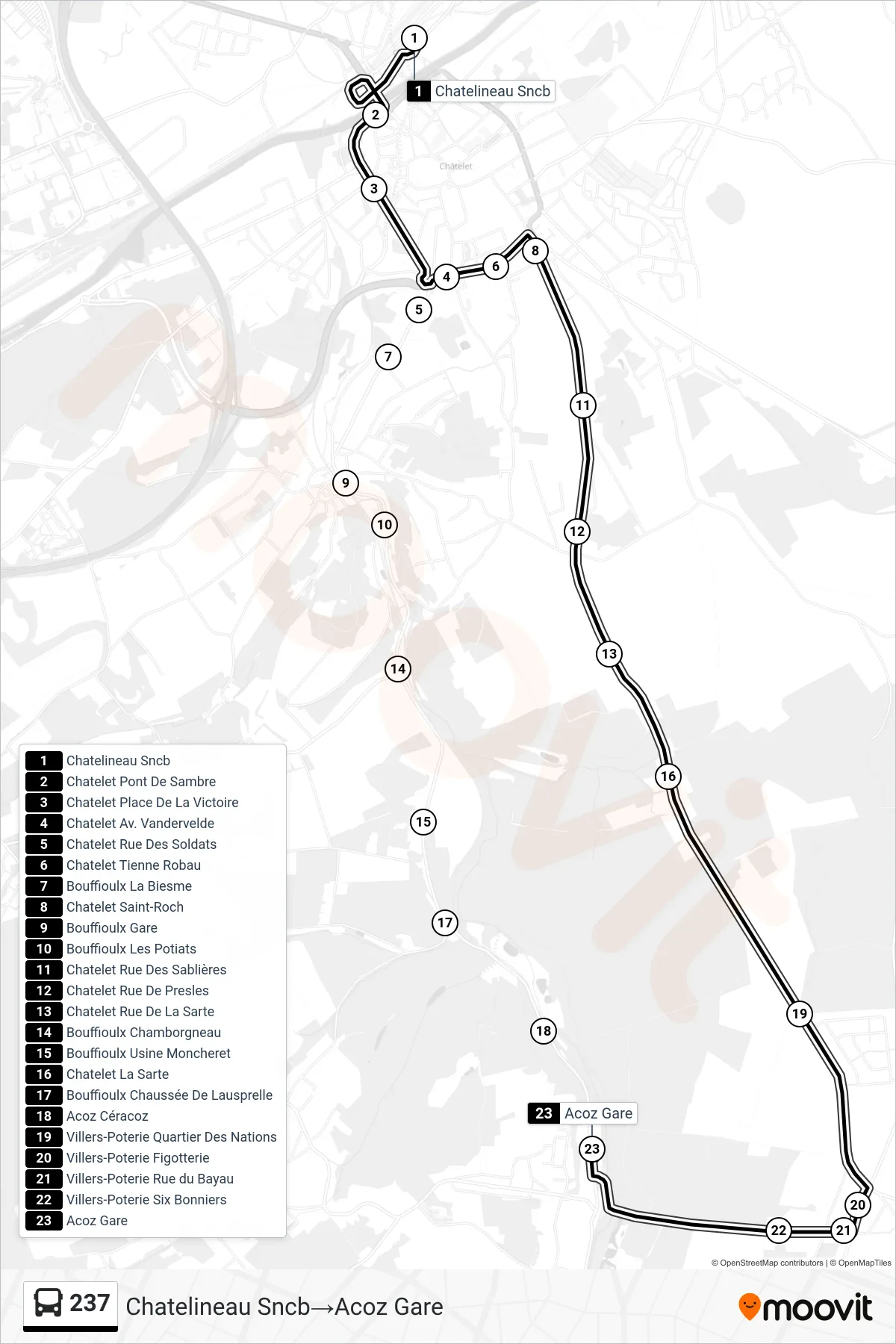 Lijn 237 (bus, Chatelineau Sncb→Acoz Gare): route en haltes op de kaart