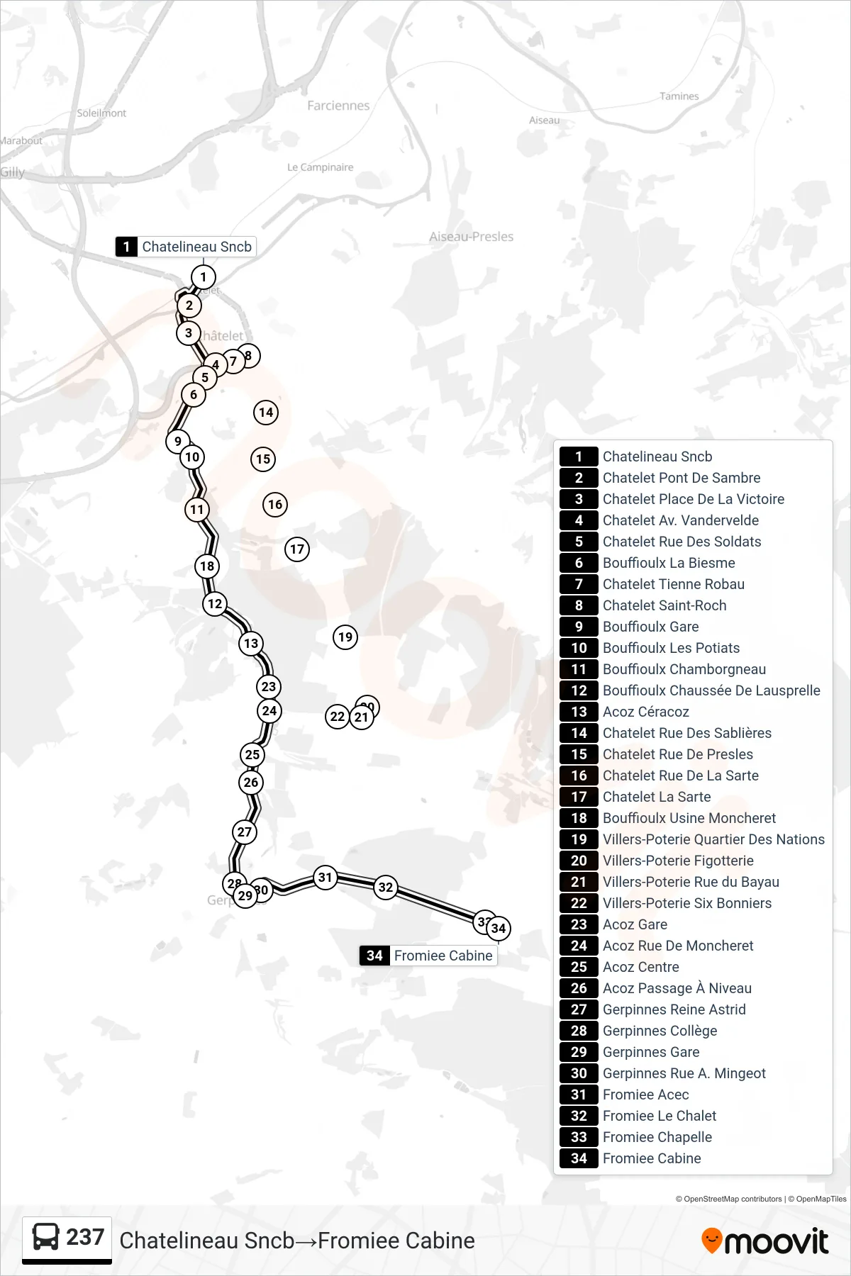 237 bus Line (Chatelineau SNCB→Fromiee Cabin) route and stops on a map