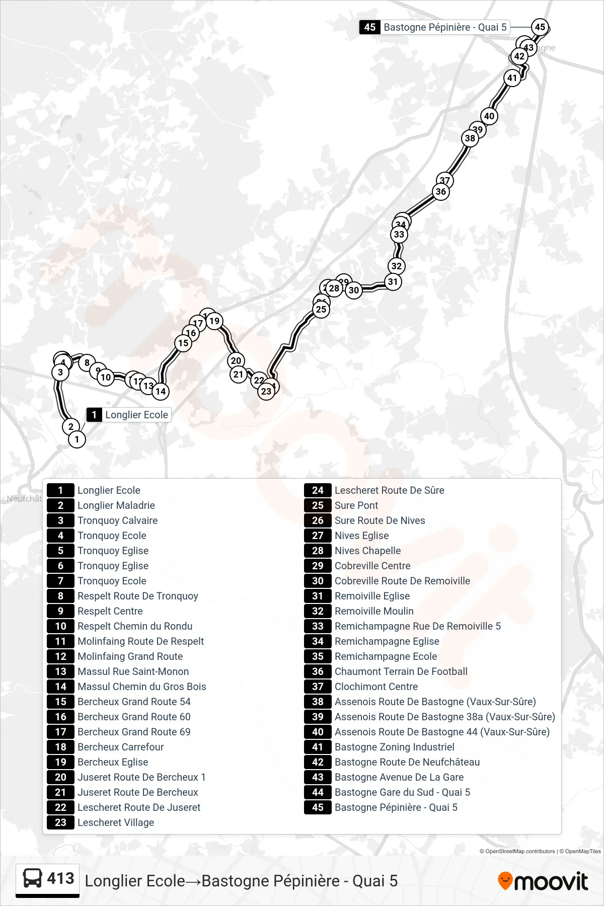 Lijn 413 (bus, Longlier Ecole‎→Bastogne Pépinière - Quai 5): route en haltes op de kaart