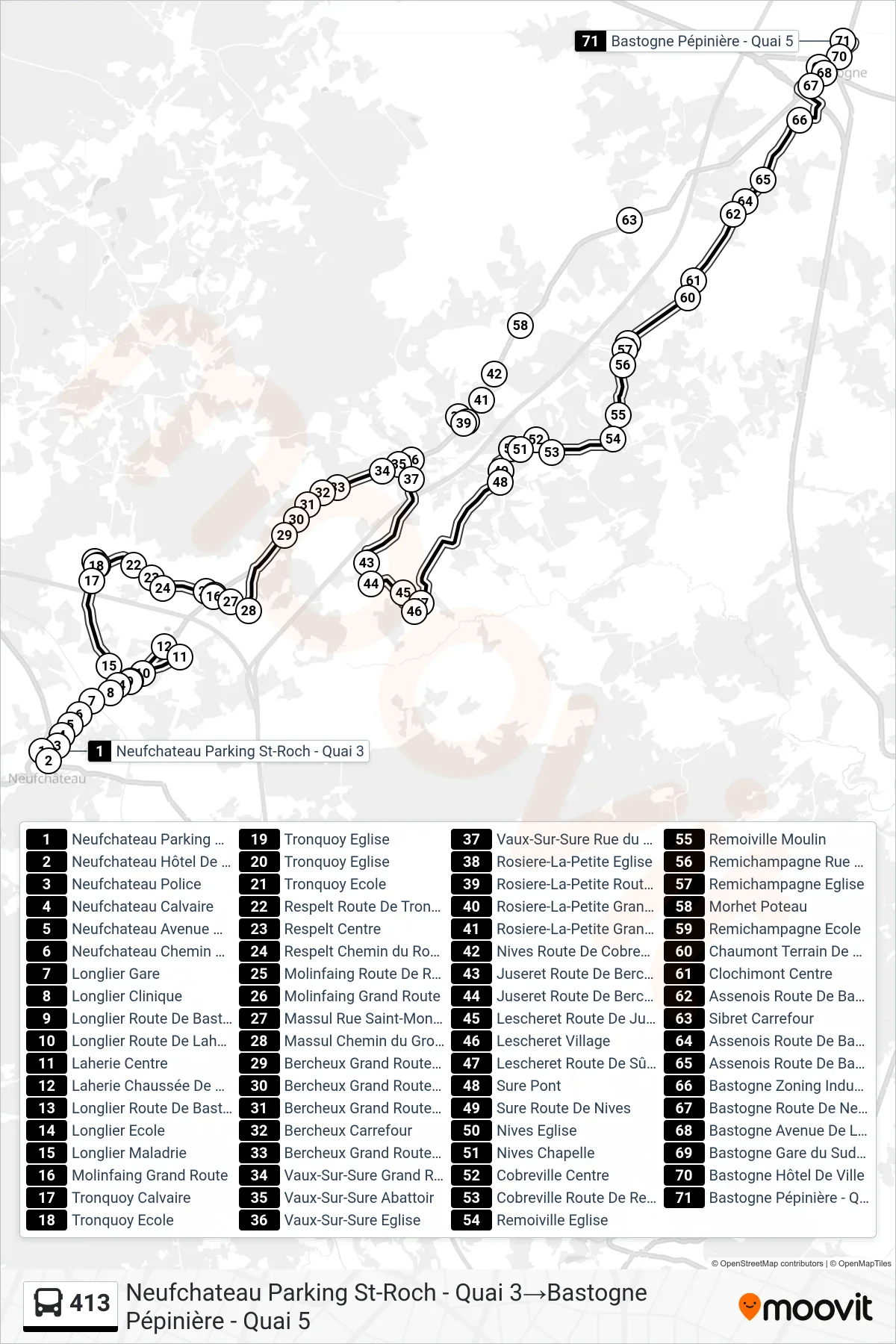 413 bus Line (Neufchateau St-Roch Parking - Platform 3→Bastogne Nursery - Platform 5) route and stops on a map