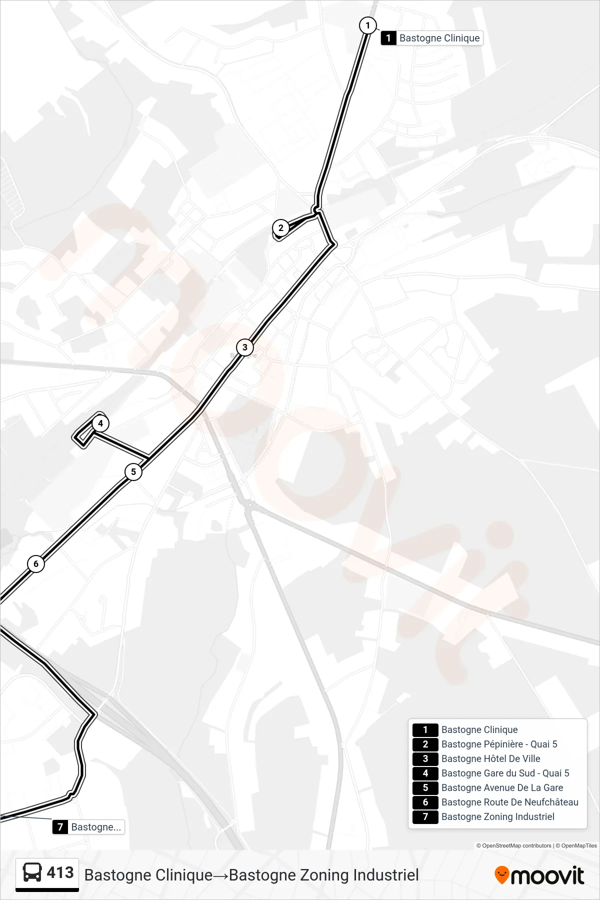 413 bus Line (Bastogne Clinic‎→Bastogne Industrial Zone) route and stops on a map