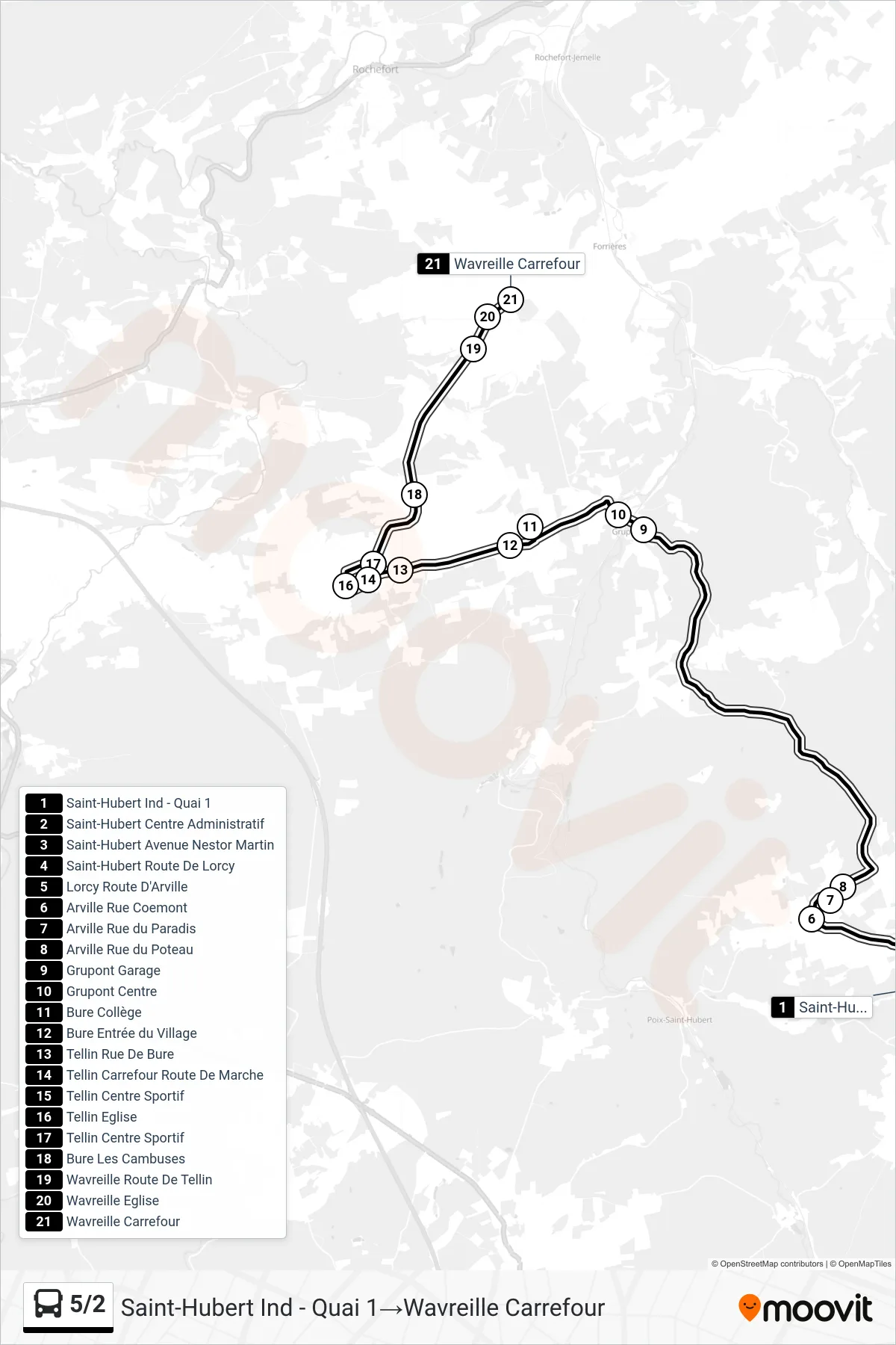 Lijn 5/2 (bus, Saint-Hubert Ind - Quai 1‎→Wavreille Carrefour): route en haltes op de kaart