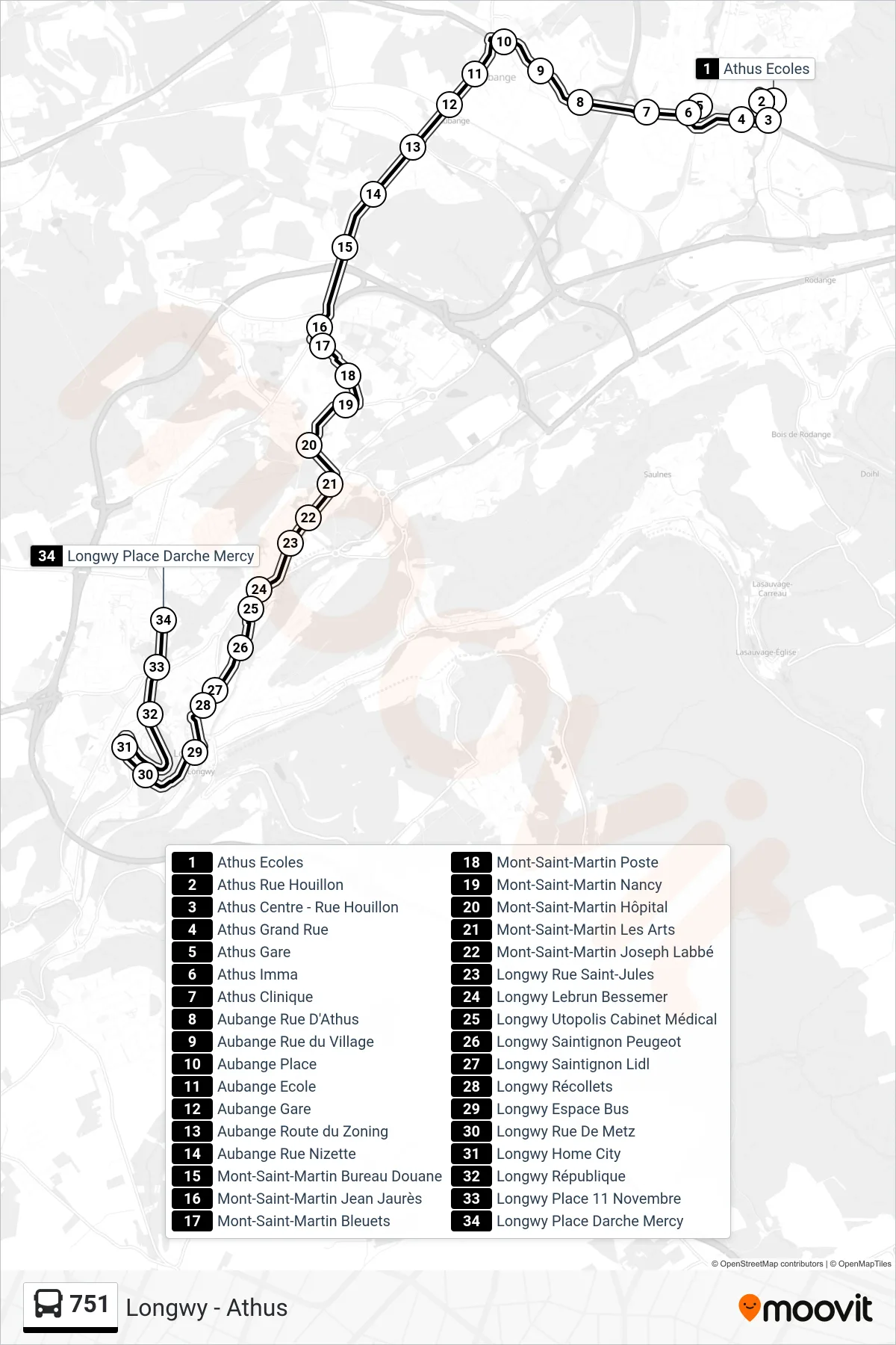 Lijn 751 (bus, Athus Ecoles→Longwy Place Darche Mercy): route en haltes op de kaart