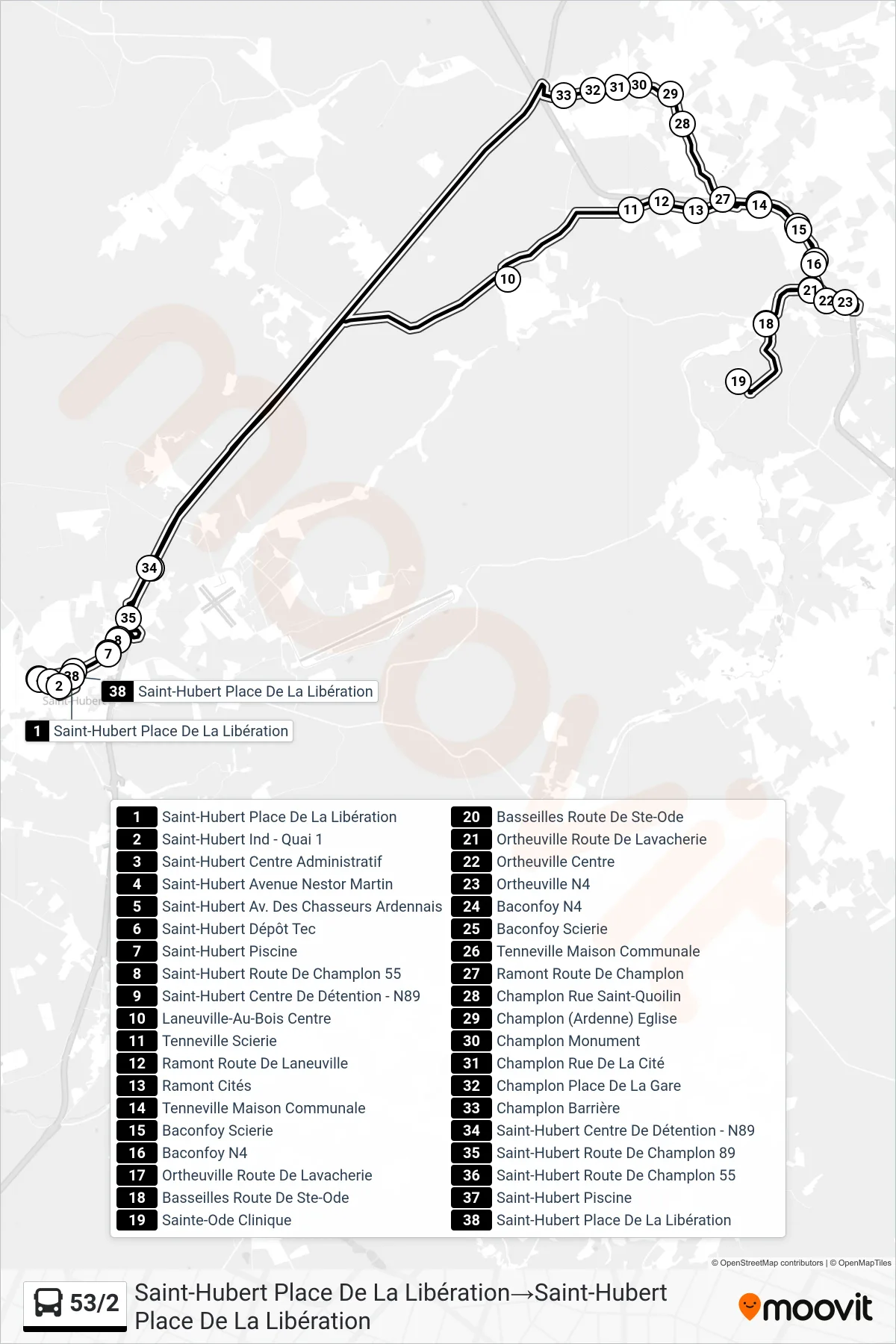 Lijn 53/2 (bus, Saint-Hubert Place De La Libération→Saint-Hubert Place De La Libération): route en haltes op de kaart