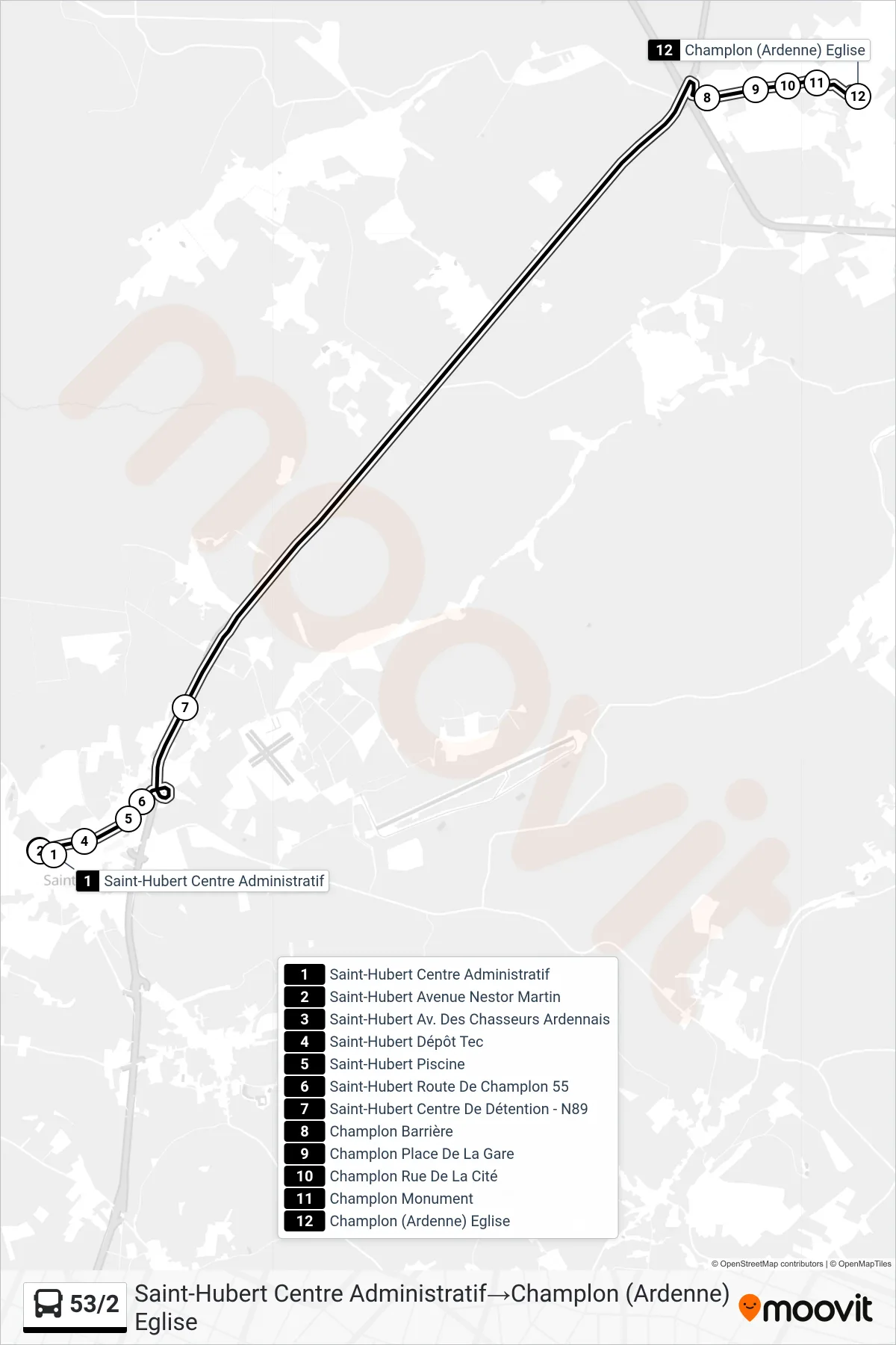 Lijn 53/2 (bus, Saint-Hubert Centre Administratif‎→Champlon (Ardenne) Eglise): route en haltes op de kaart