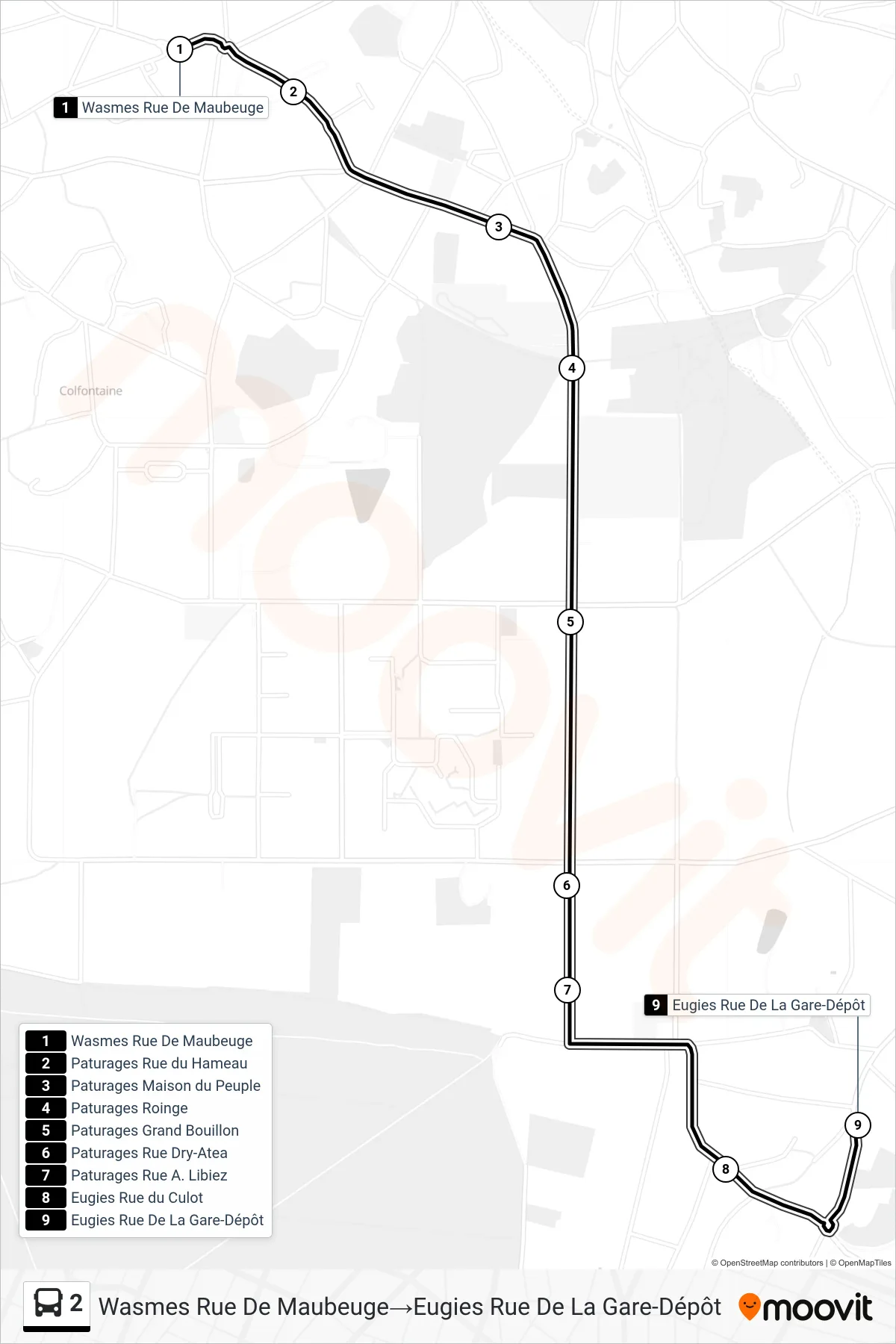 2 bus Line (Wasmes Maubeuge Street→Eugies Station Street-Depot) route and stops on a map