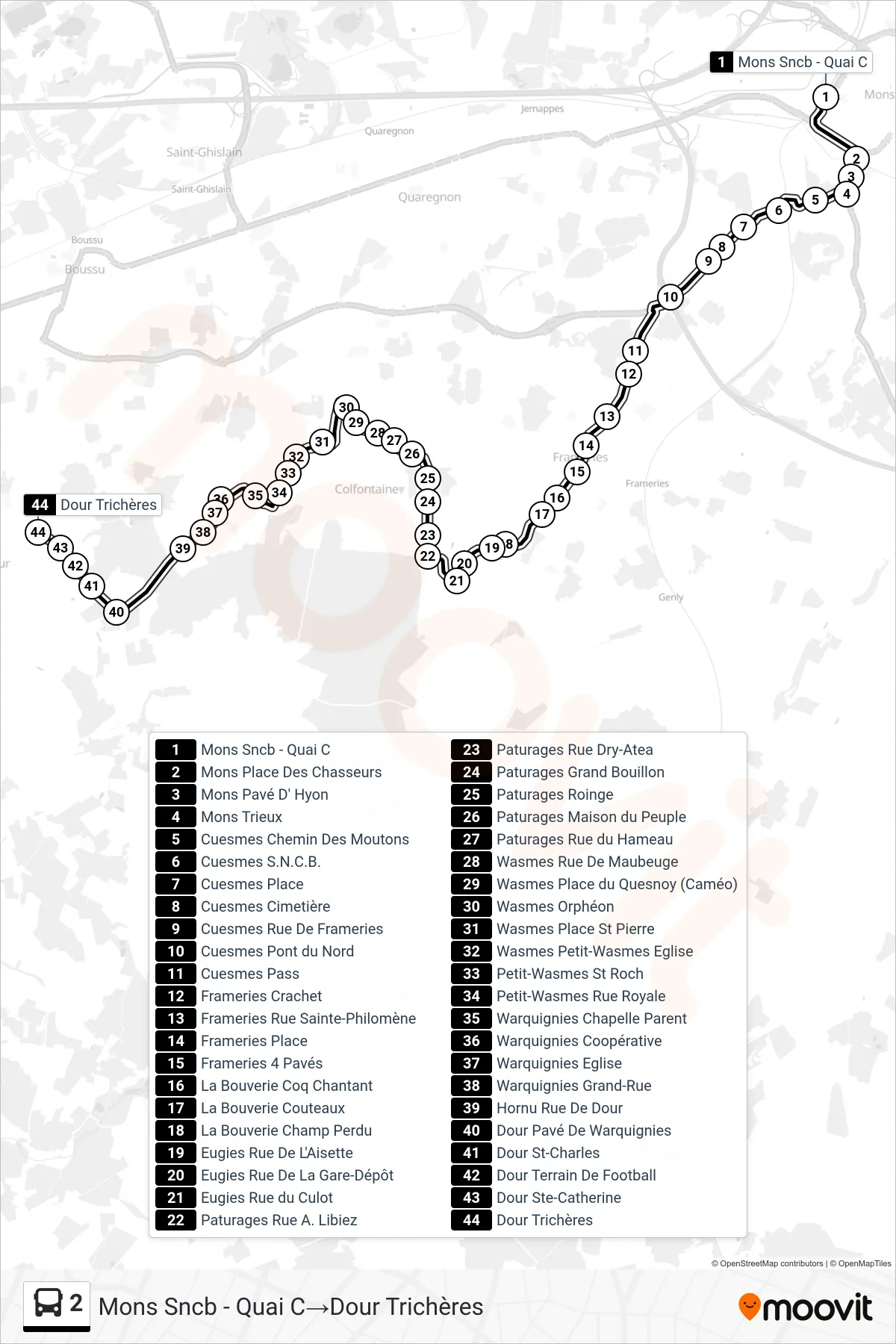 2 bus Line (Mons SNCB - Platform C‎→Dour Trichères) route and stops on a map