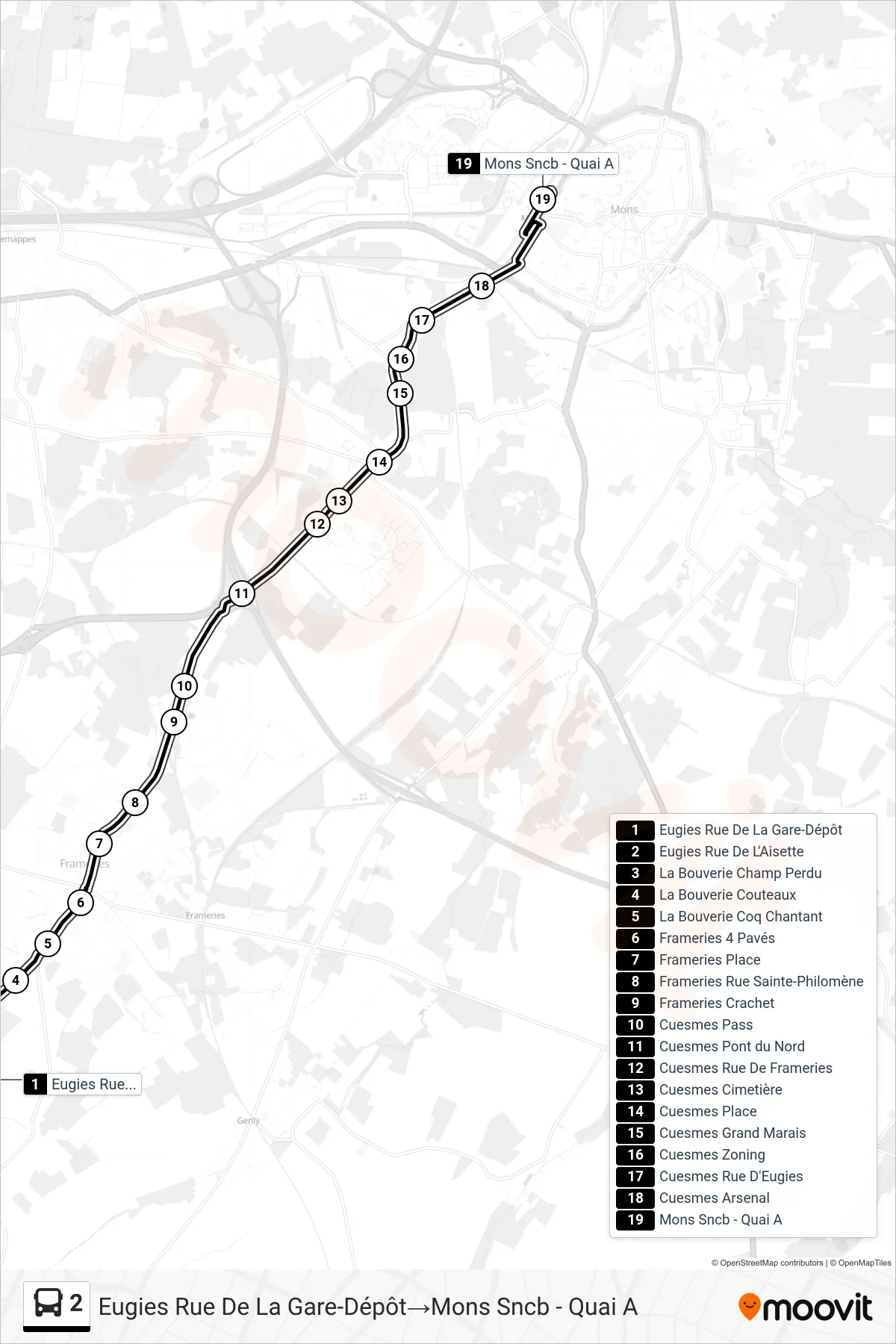Lijn 2 (bus, Eugies Rue De La Gare-Dépôt→Mons Sncb - Quai A): route en haltes op de kaart