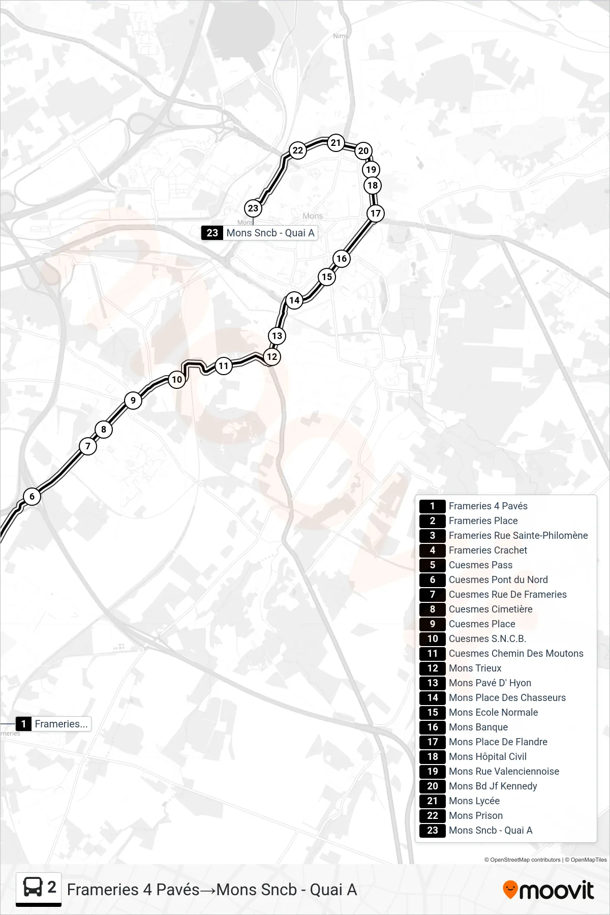 2 bus Line (Frameries 4 Paves→Mons SNCB - Platform A) route and stops on a map