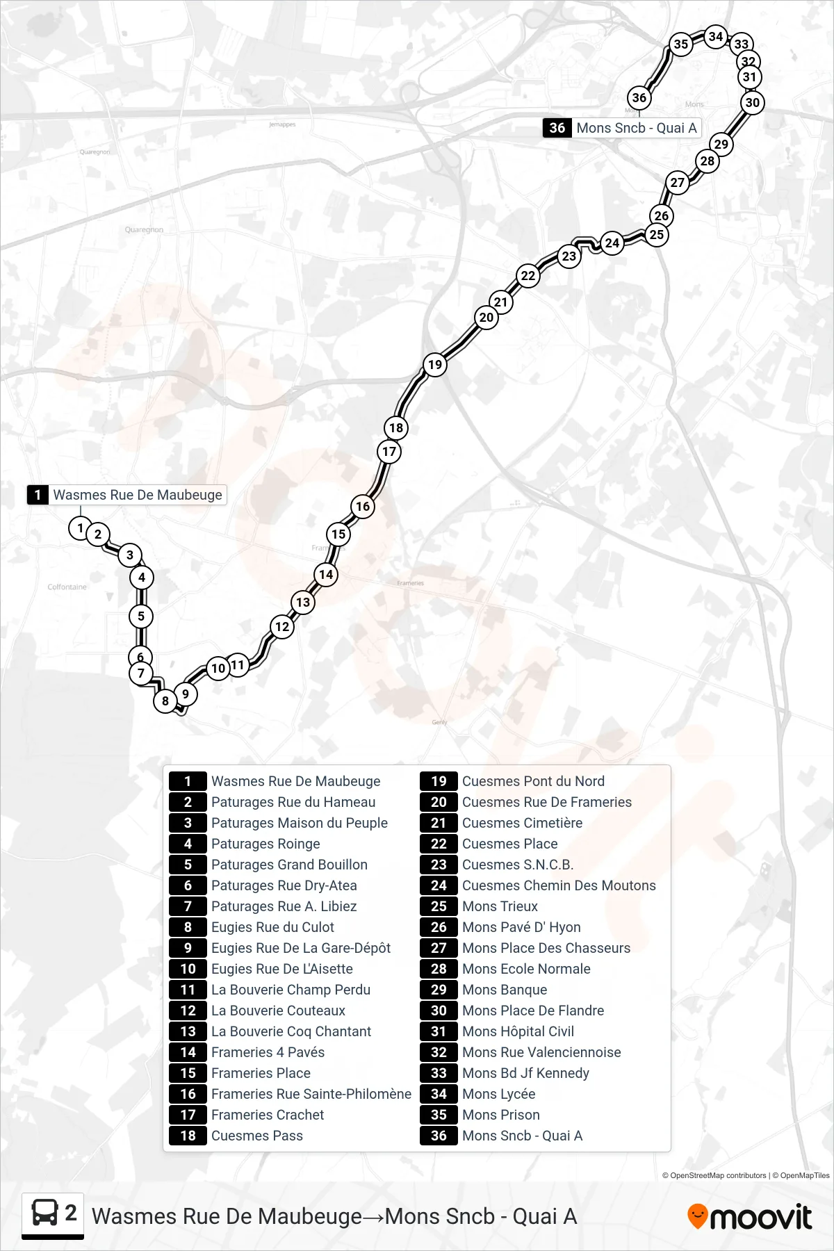 2 bus Line (Wasmes Maubeuge Street→Mons SNCB - Platform A) route and stops on a map