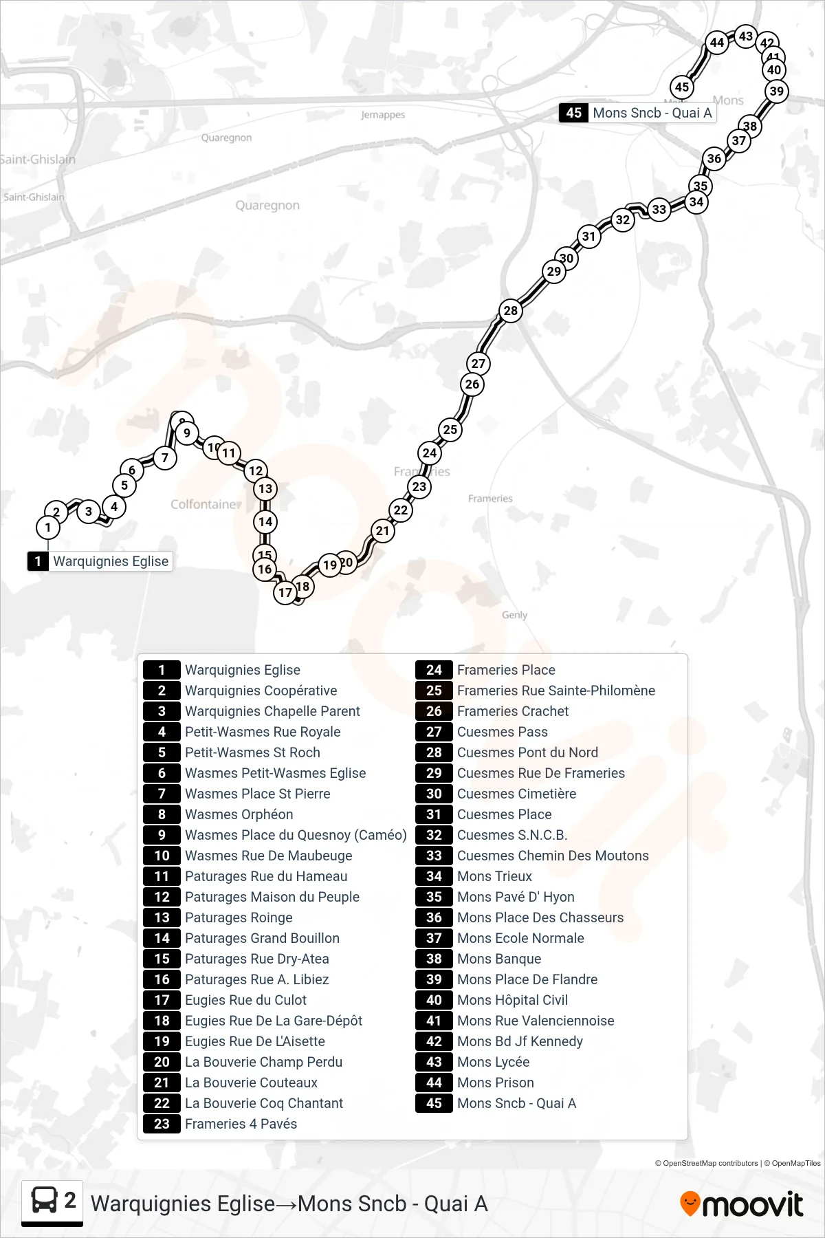 Lijn 2 (bus, Warquignies Eglise‎→Mons Sncb - Quai A): route en haltes op de kaart
