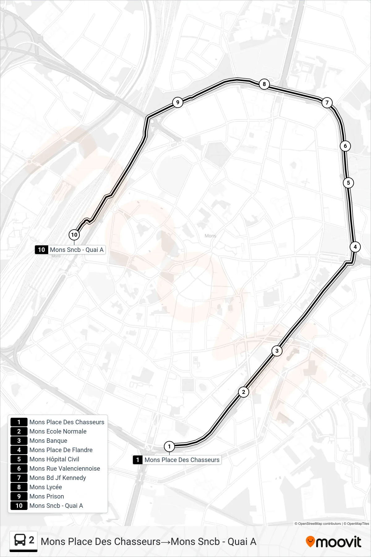 Lijn 2 (bus, Mons Place Des Chasseurs→Mons Sncb - Quai A): route en haltes op de kaart