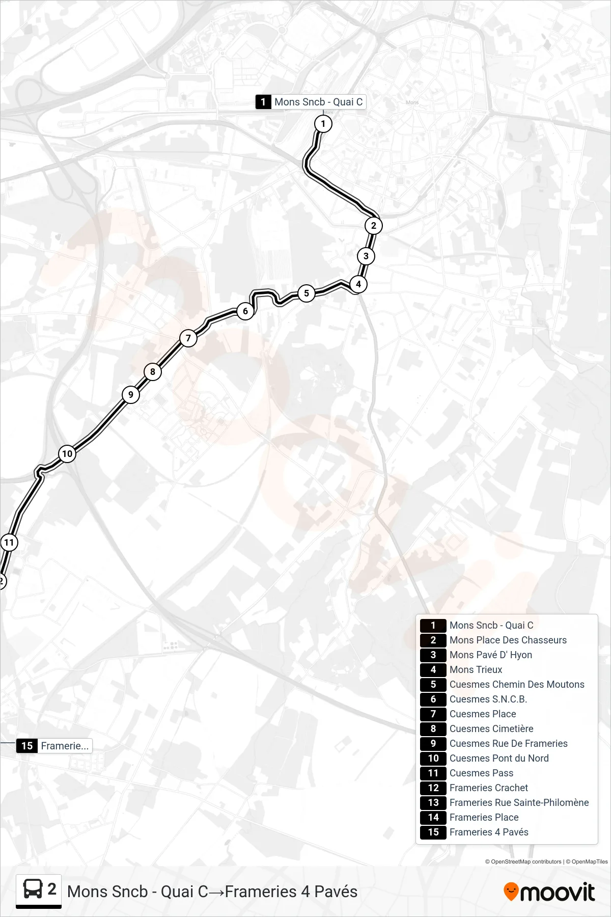 Lijn 2 (bus, Mons Sncb - Quai C→Frameries 4 Pavés): route en haltes op de kaart