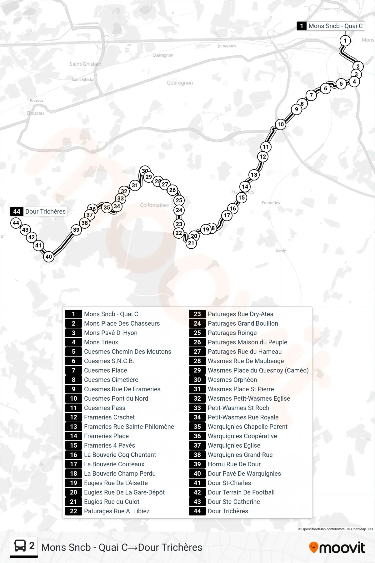 2 bus Line (Mons SNCB - Platform C‎→Dour Trichères) route and stops on a map