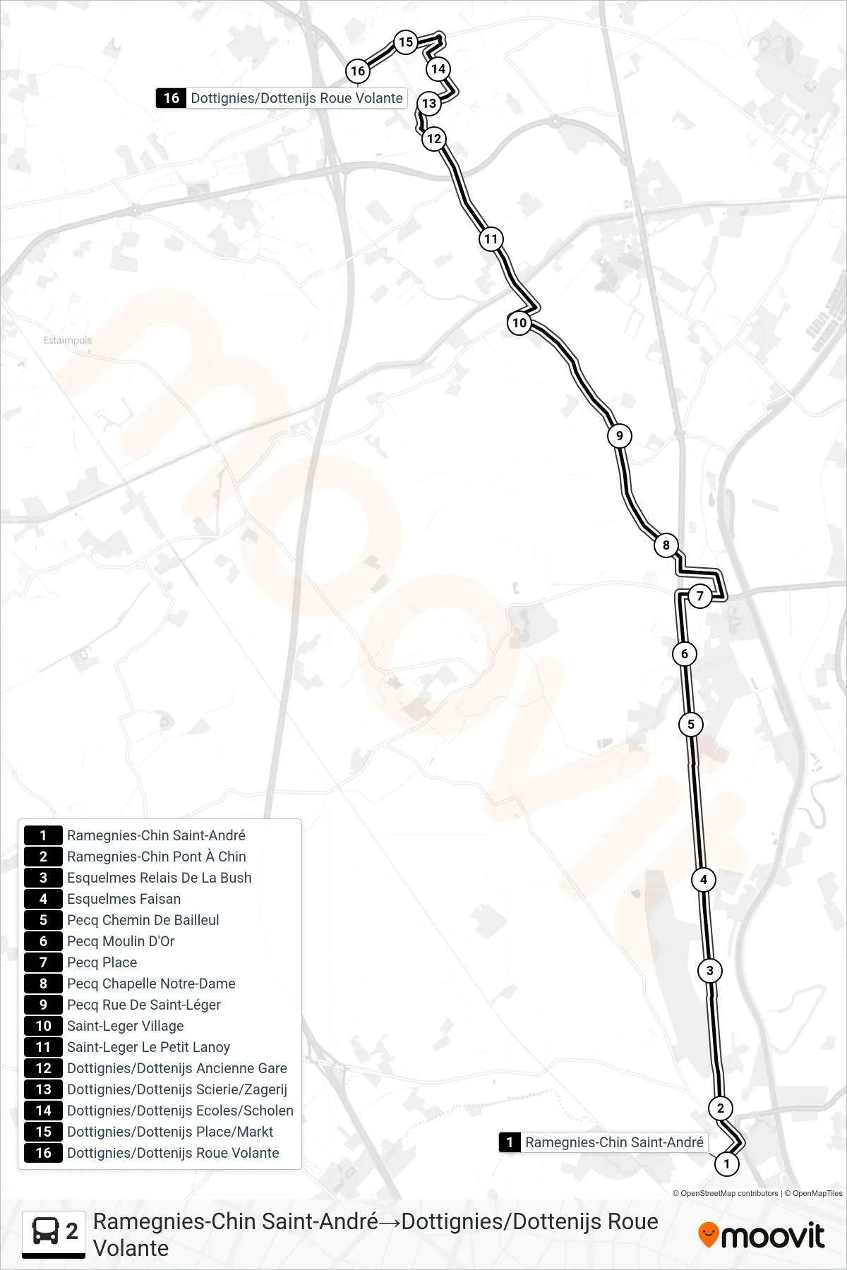 Lijn 2 (bus, Ramegnies-Chin Saint-André‎→Dottignies/Dottenijs Roue Volante): route en haltes op de kaart