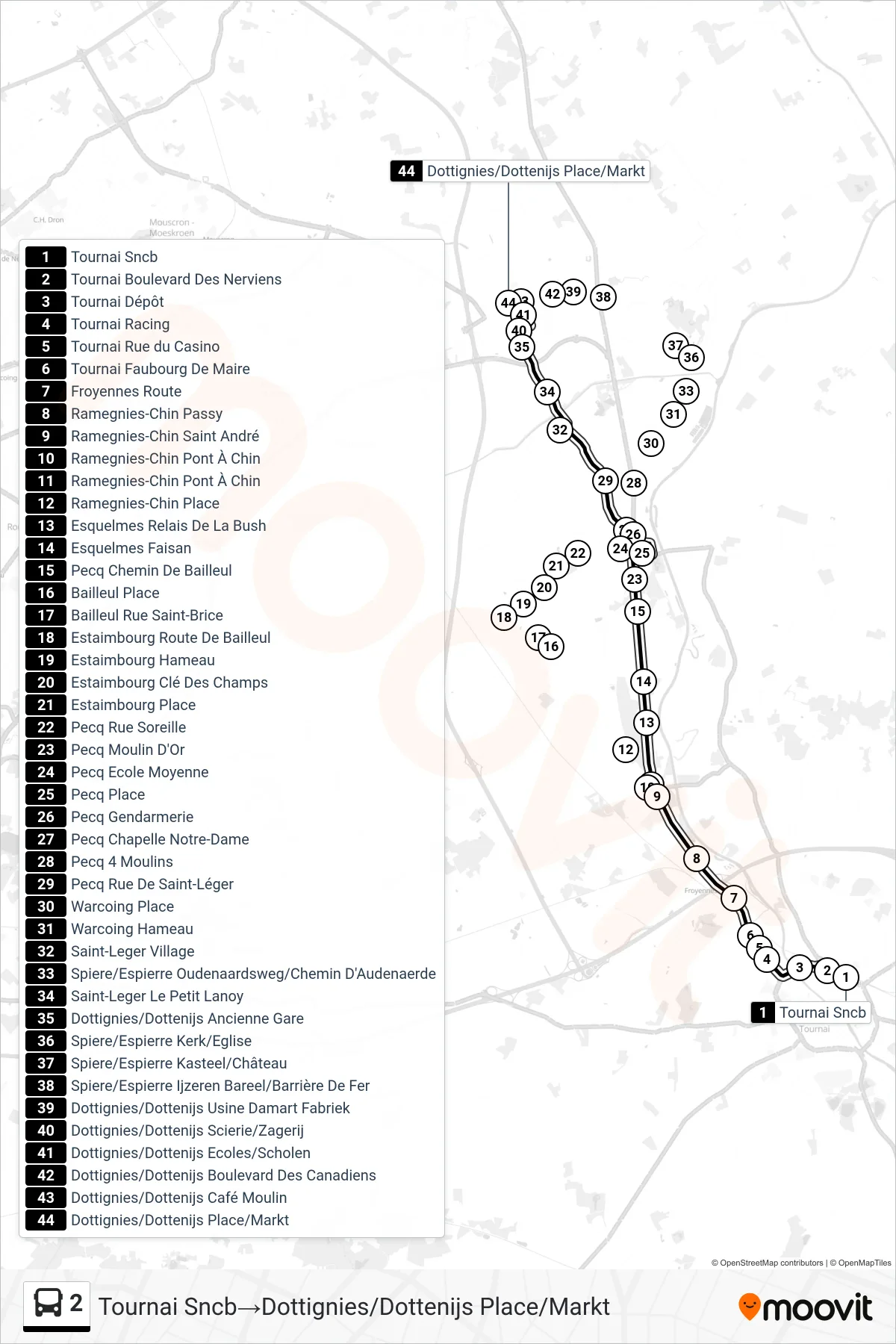 Lijn 2 (bus, Tournai Sncb→Dottignies/Dottenijs Place/Markt): route en haltes op de kaart