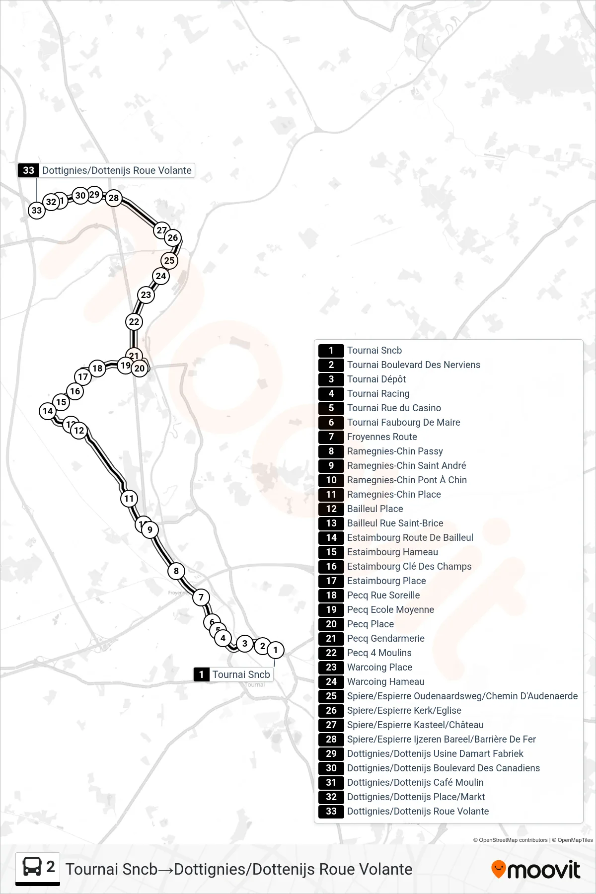 Lijn 2 (bus, Tournai Sncb→Dottignies/Dottenijs Roue Volante): route en haltes op de kaart