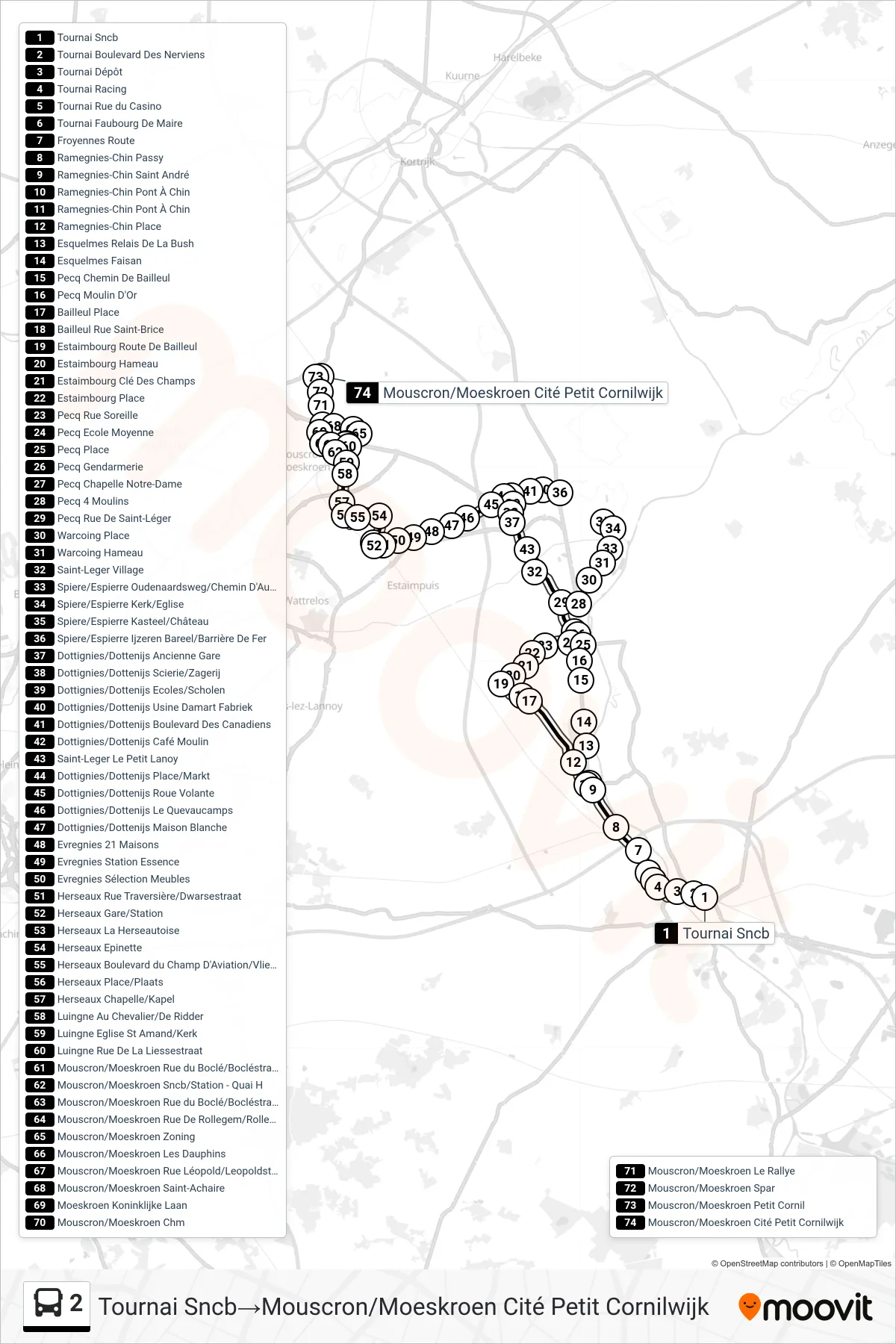 Lijn 2 (bus, Tournai Sncb‎→Mouscron/Moeskroen Cité Petit Cornilwijk): route en haltes op de kaart