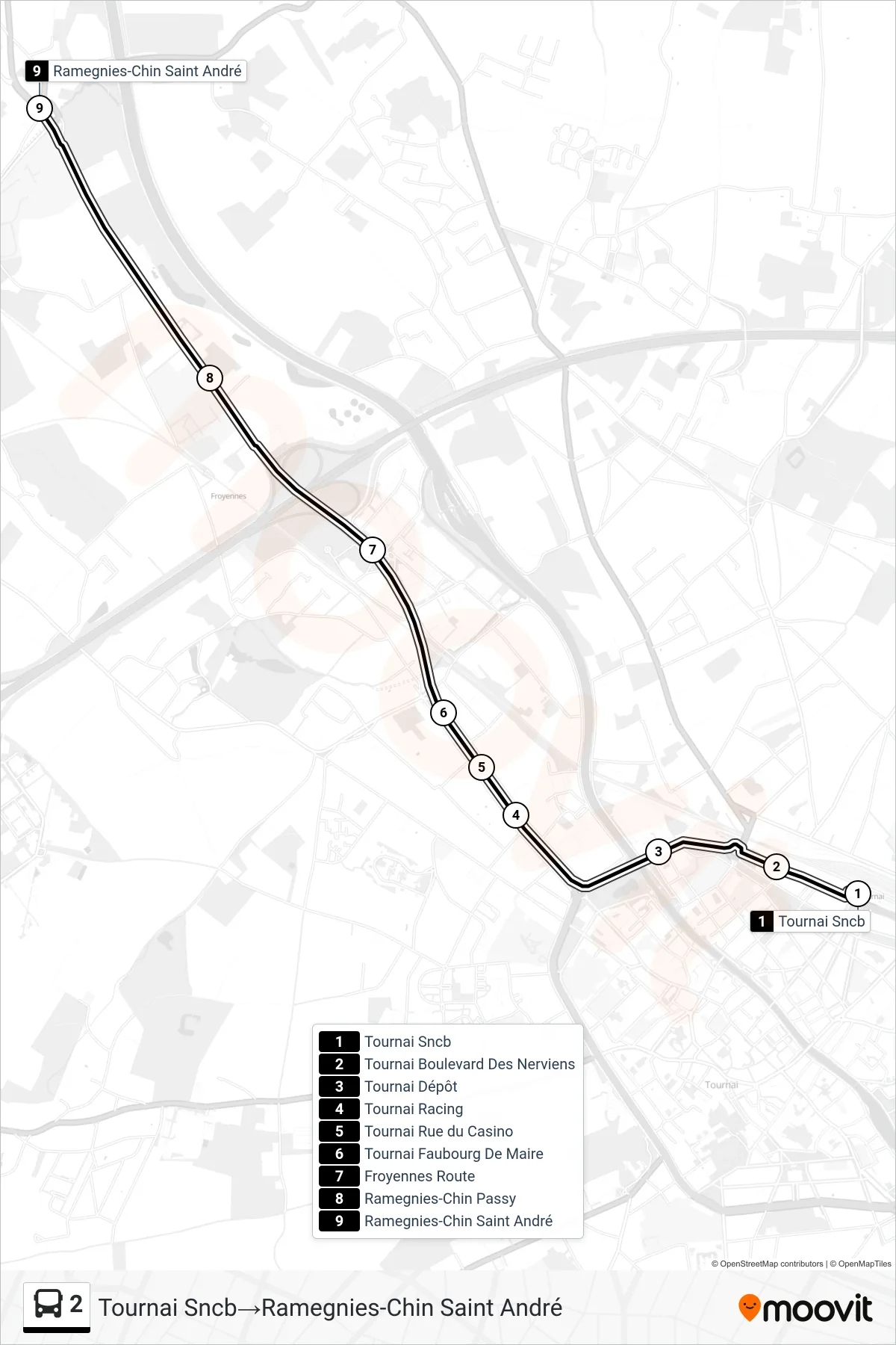 Lijn 2 (bus, Tournai Sncb→Ramegnies-Chin Saint André): route en haltes op de kaart
