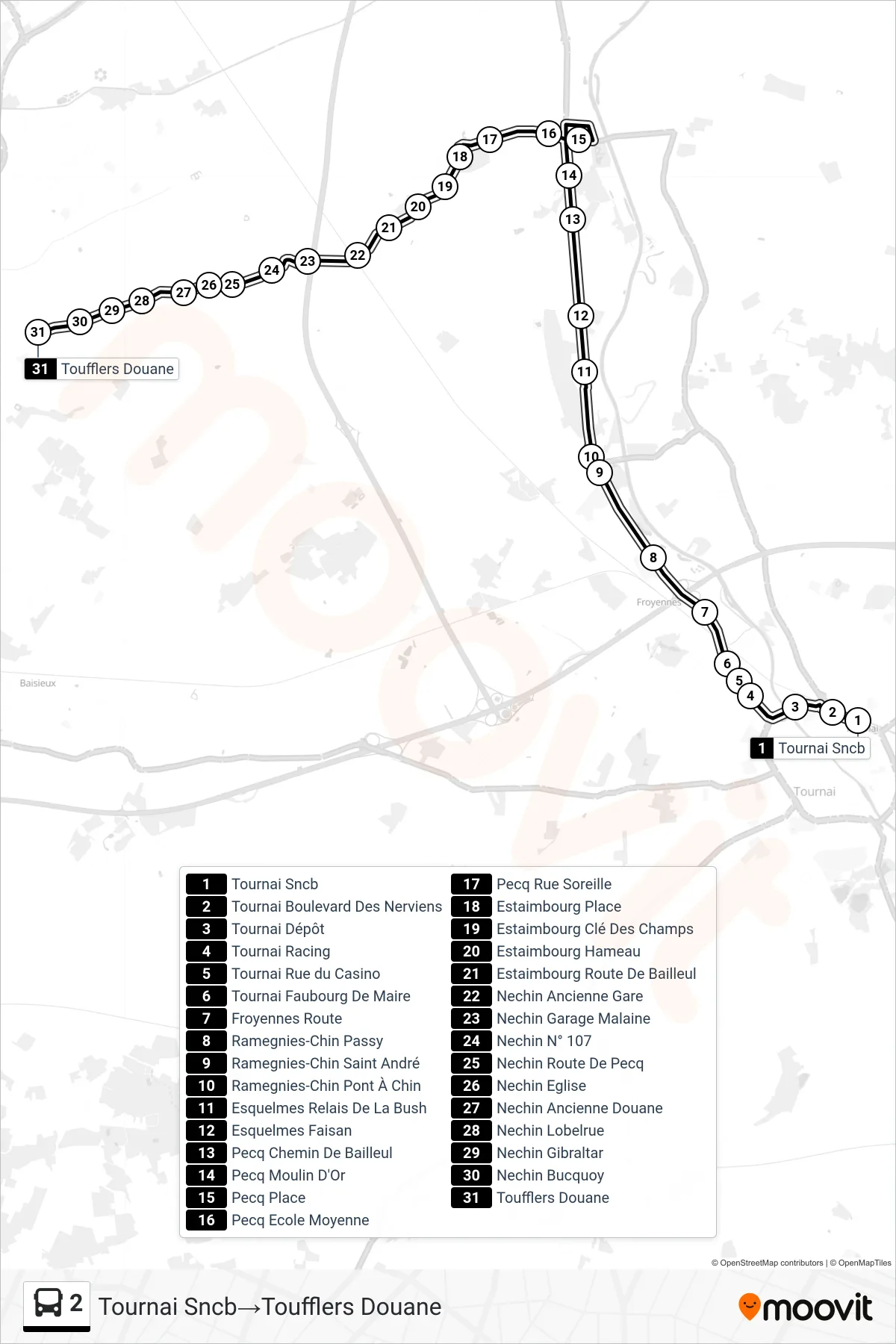 Lijn 2 (bus, Tournai Sncb→Toufflers Douane): route en haltes op de kaart