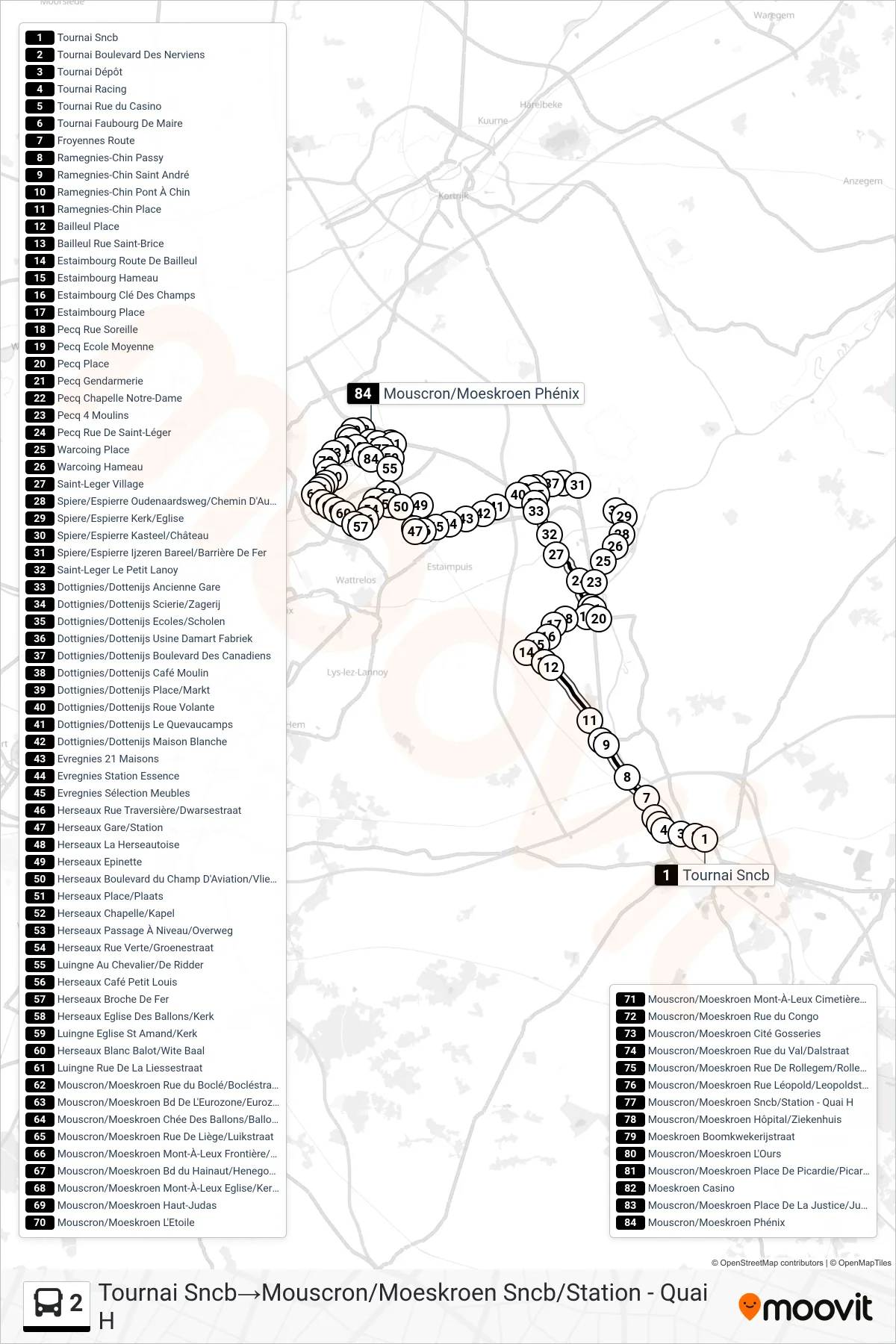Lijn 2 (bus, Tournai Sncb→Mouscron/Moeskroen Sncb/Station - Quai H): route en haltes op de kaart