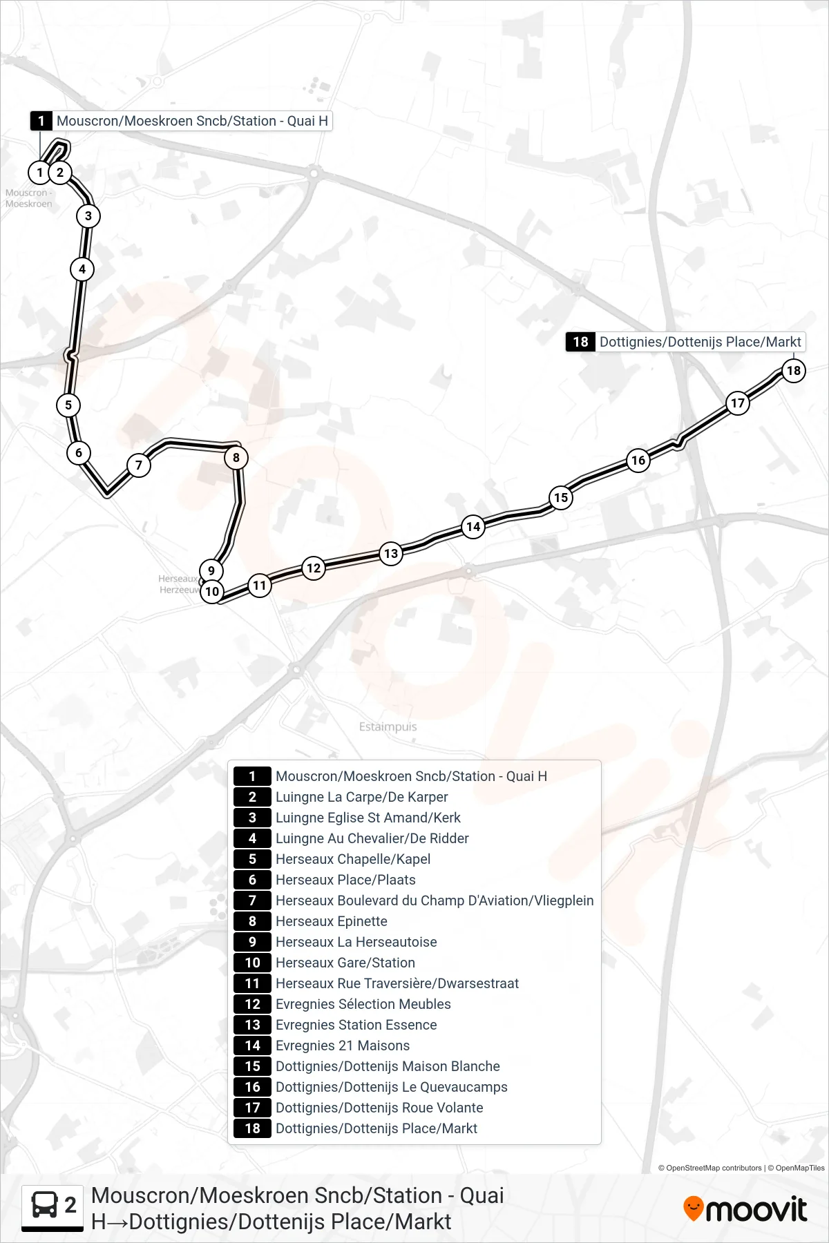 2 bus Line (Mouscron/Moeskroen Station - Platform H‎→Dottignies Square/Market) route and stops on a map