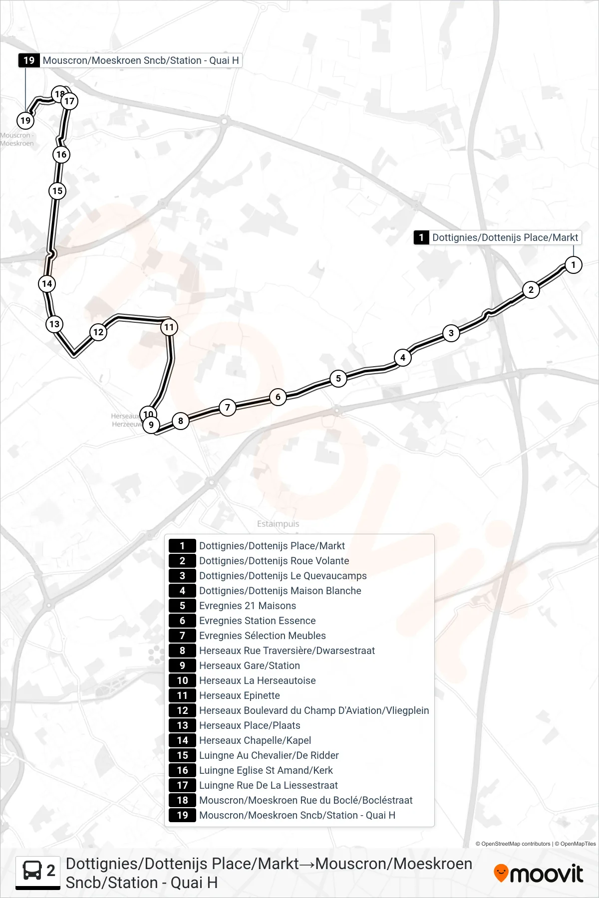 Lijn 2 (bus, Dottignies/Dottenijs Place/Markt‎→Mouscron/Moeskroen Sncb/Station - Quai H): route en haltes op de kaart