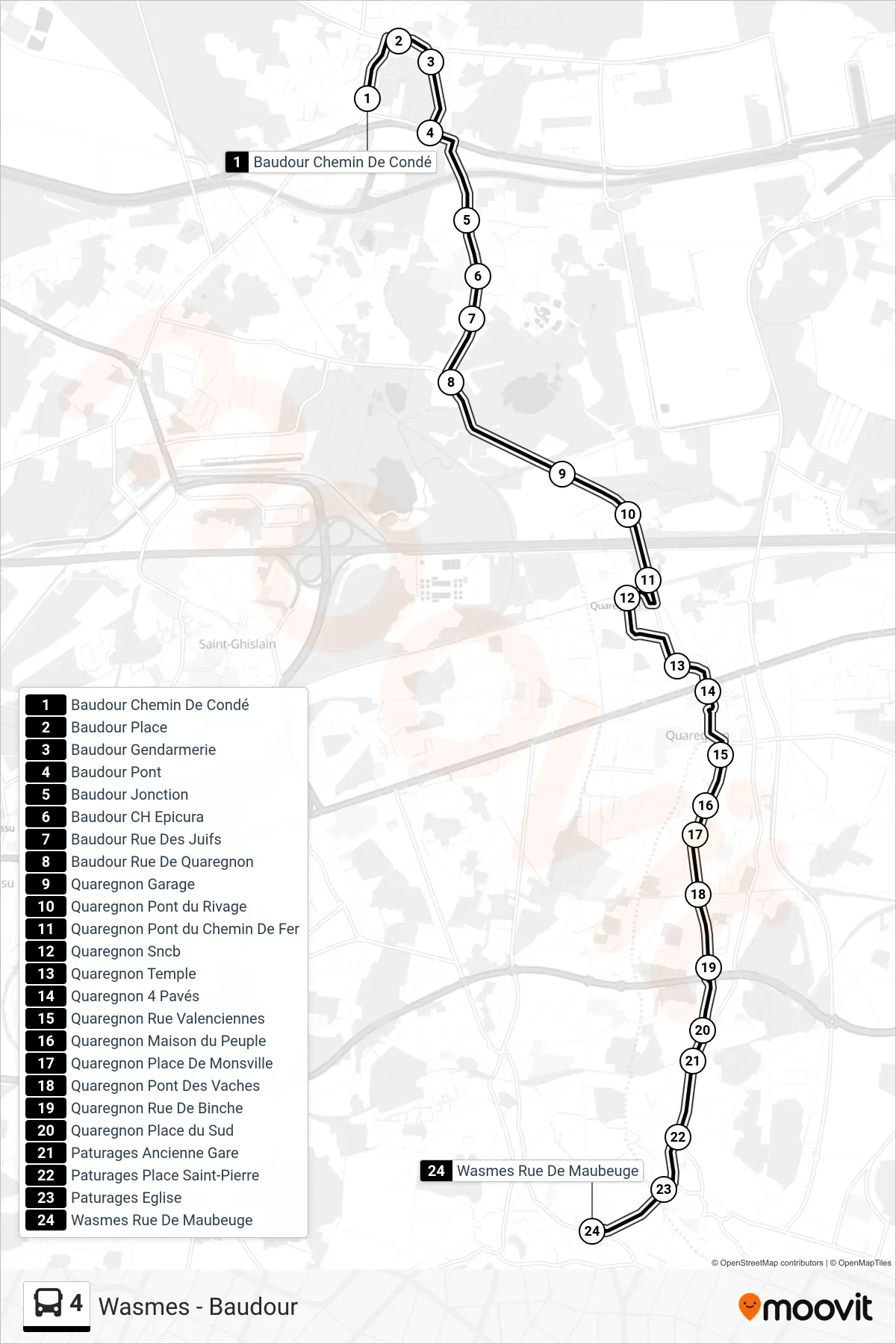 4 bus Line (Baudour Condé Path→Wasmes Maubeuge Street) route and stops on a map