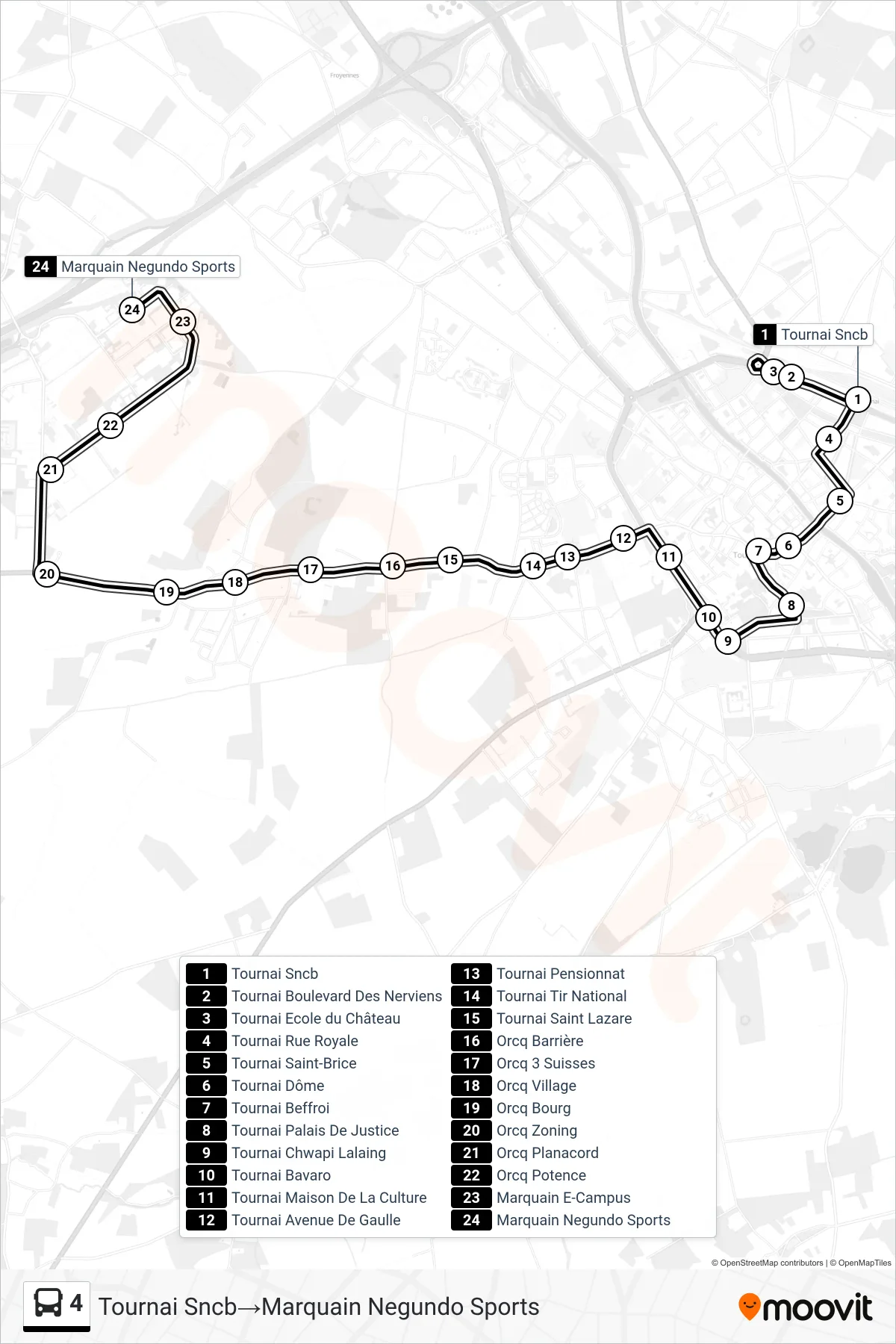 4 bus Line (Tournai Railway‎→Marquain Negundo Sports) route and stops on a map
