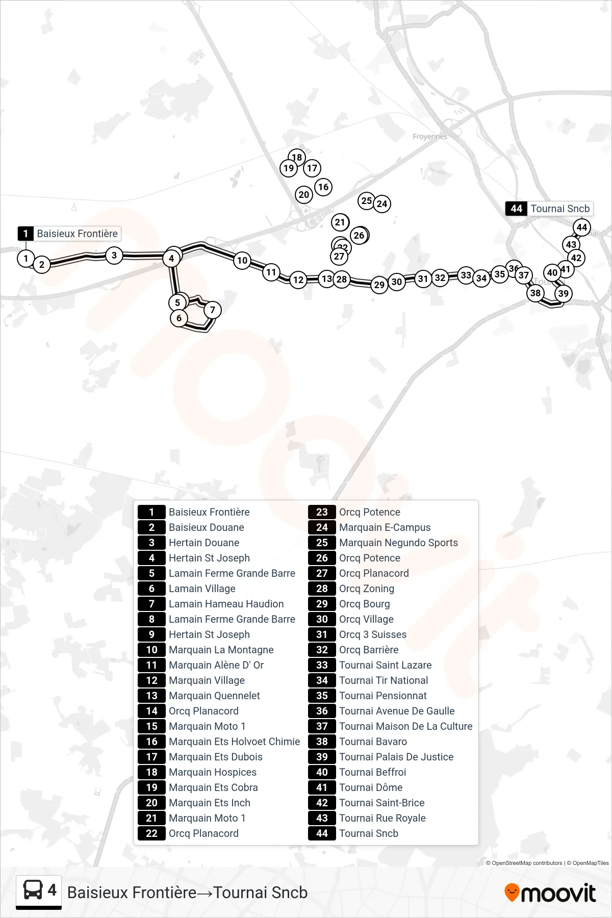 4 bus Line (Baisieux Border→Tournai Railway) route and stops on a map