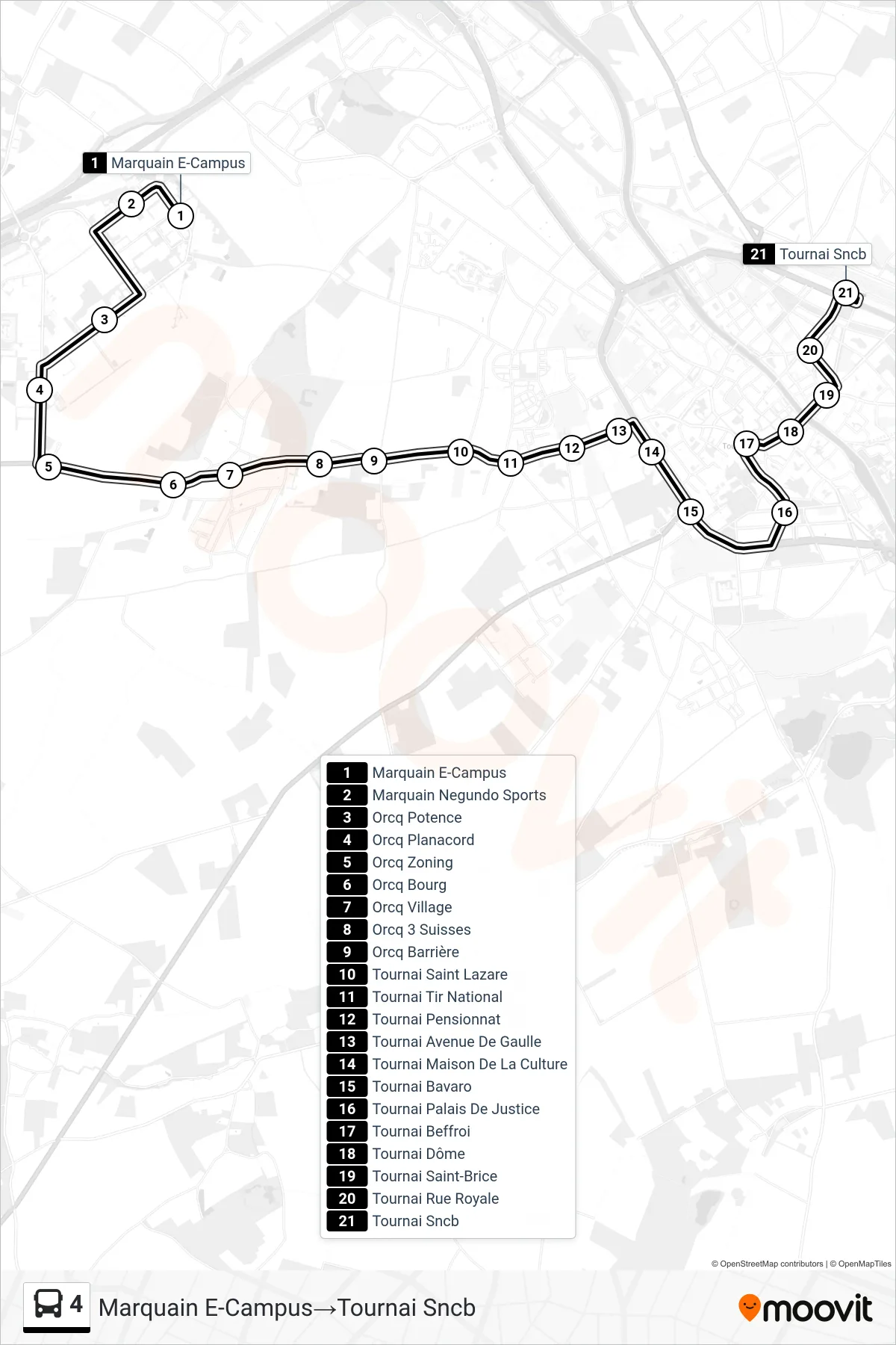 4 bus Line (Marquain E-Campus‎→Tournai Railway) route and stops on a map