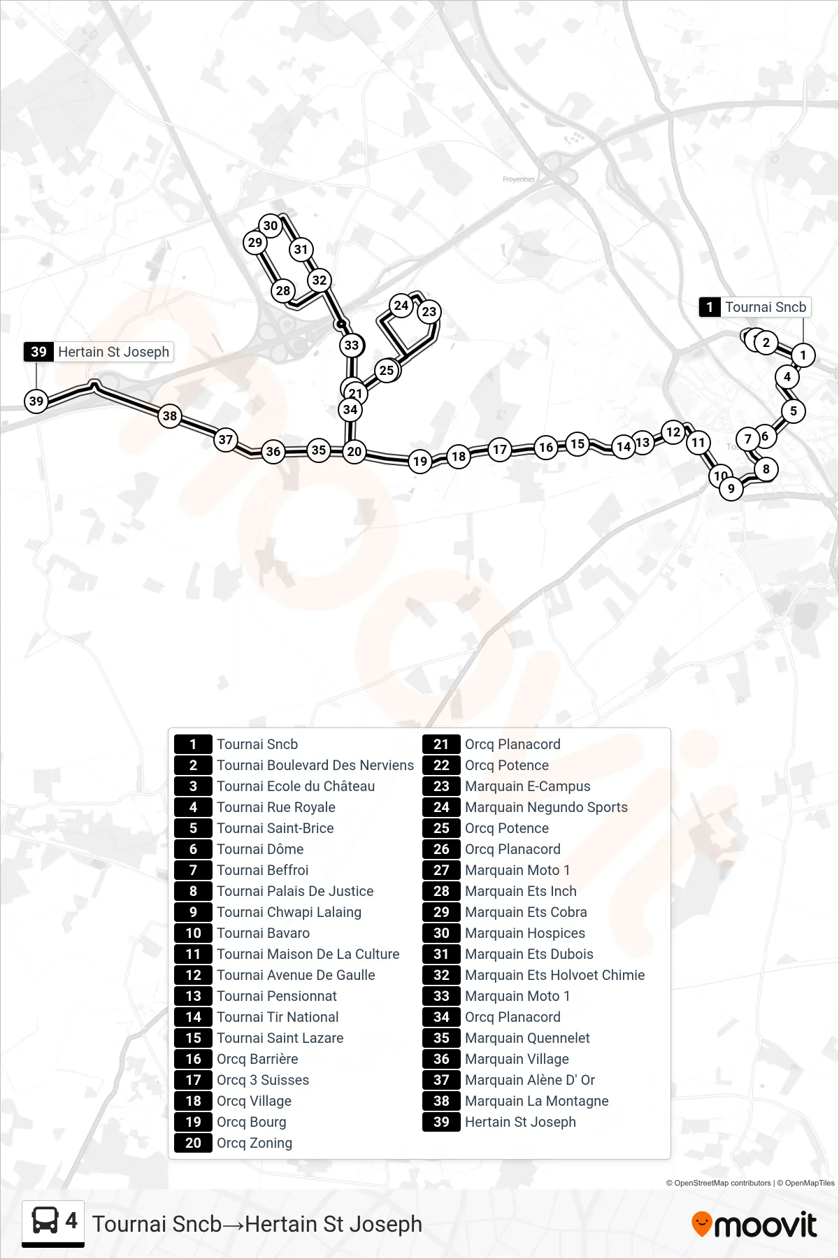 Lijn 4 (bus, Tournai Sncb→Hertain St Joseph): route en haltes op de kaart