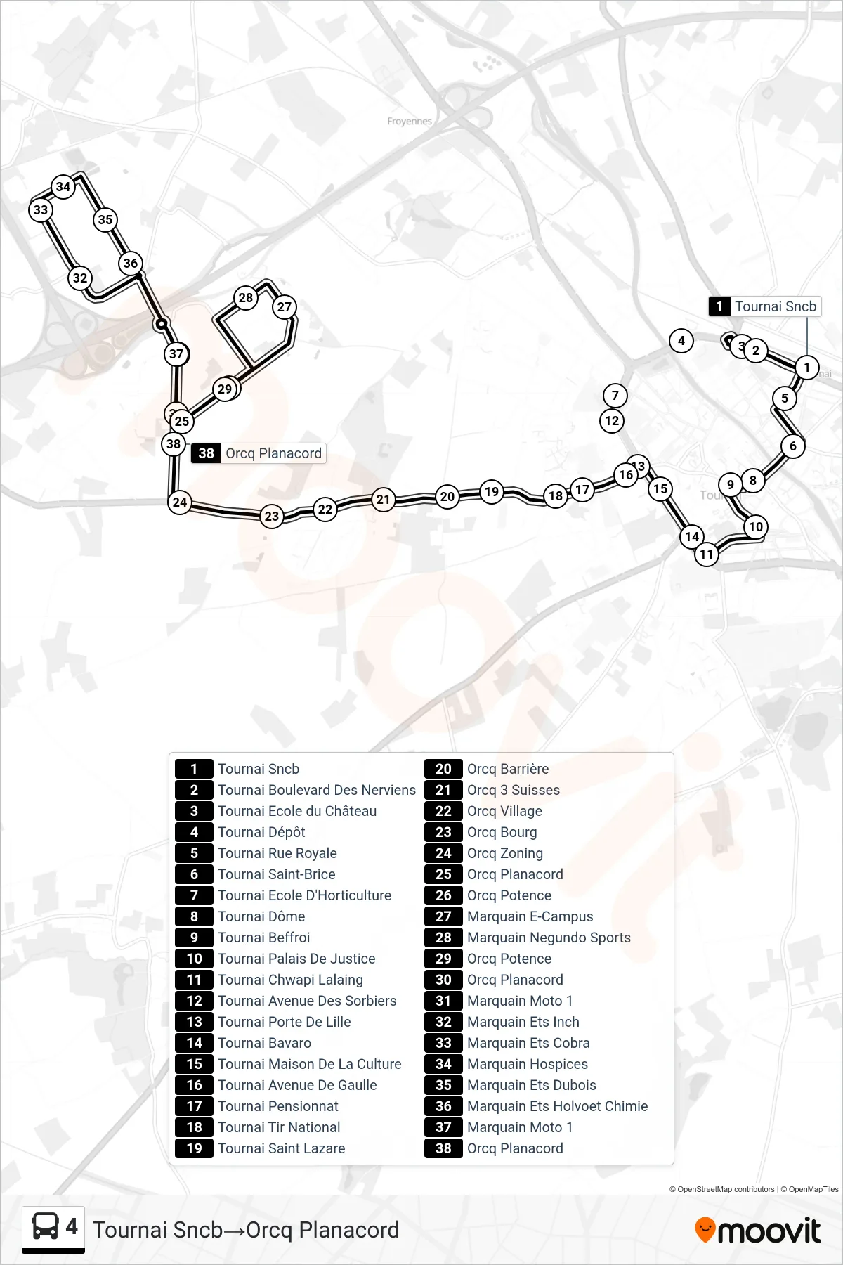4 bus Line (Tournai Railway‎→Orcq Planacord) route and stops on a map