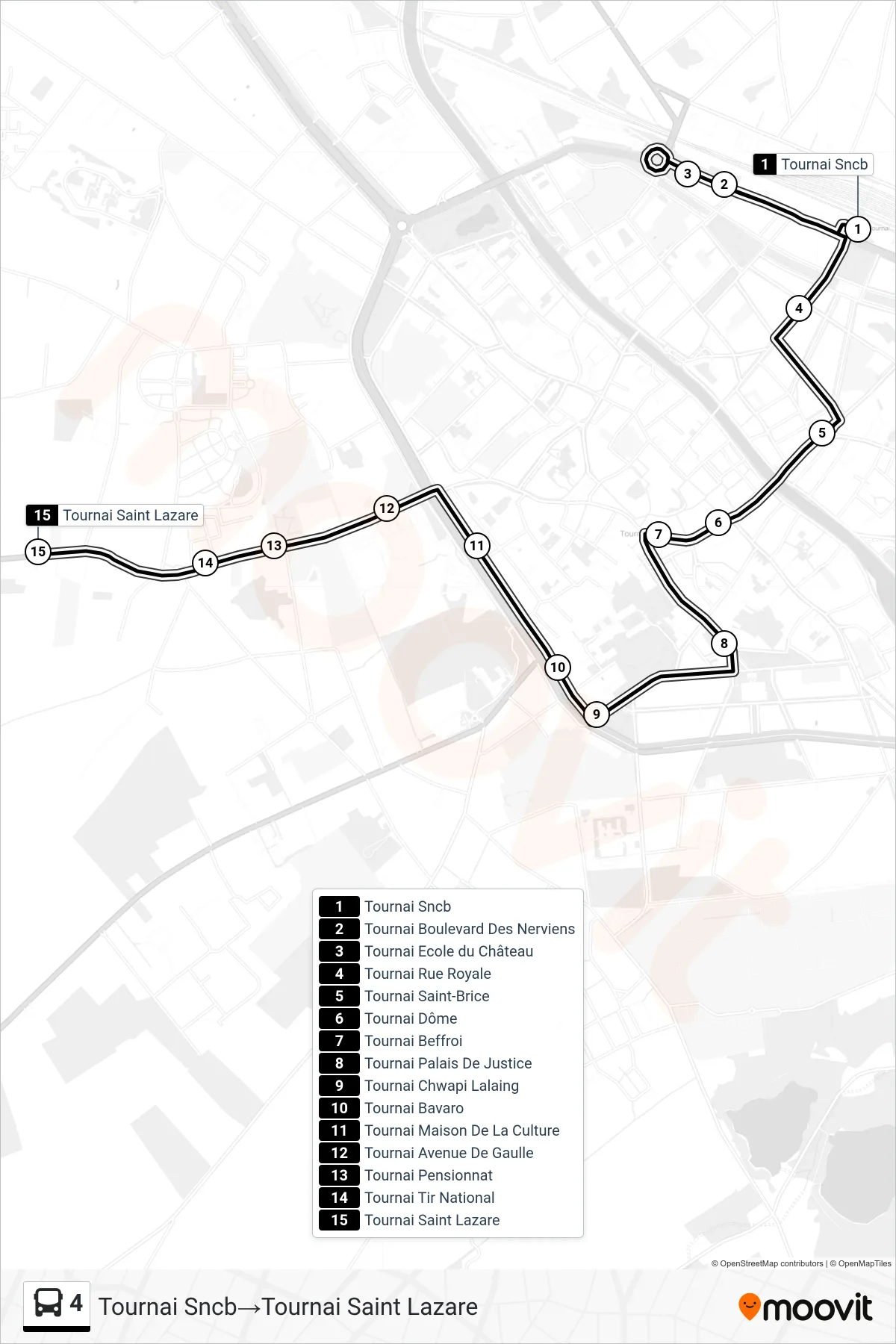 4 bus Line (Tournai Railway‎→Tournai Saint Lazare) route and stops on a map