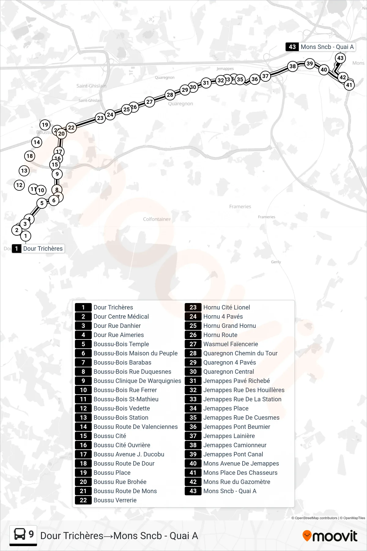 Lijn 9 (bus, Dour Trichères‎→Mons Sncb - Quai A): route en haltes op de kaart