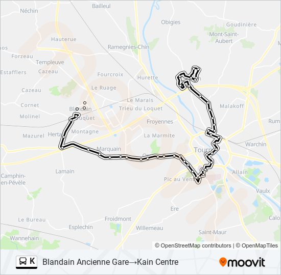 Plan de la ligne K de bus