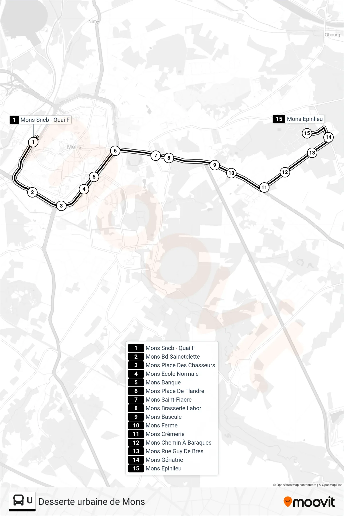 Lijn U (bus, Mons Sncb - Quai F→Mons Epinlieu): route en haltes op de kaart